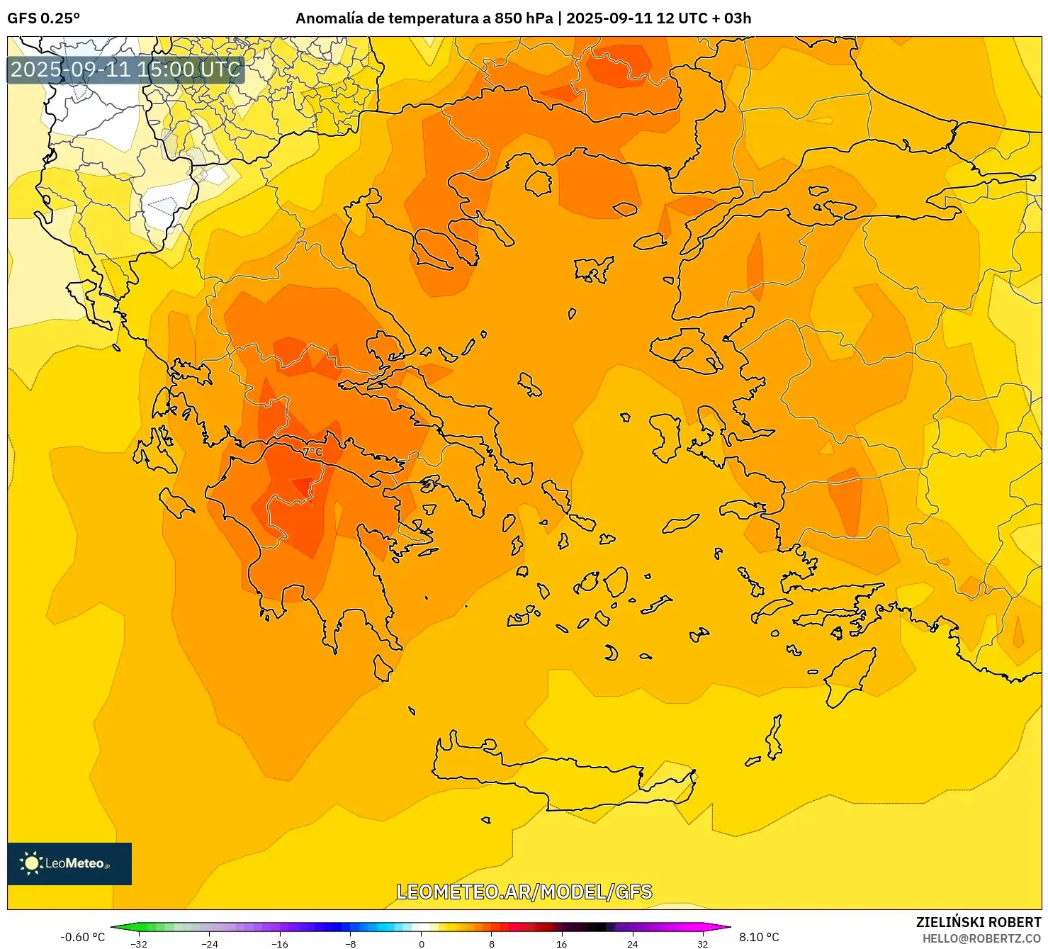 GFS model - Grecia, Anomalía de temperatura a 850 hPa