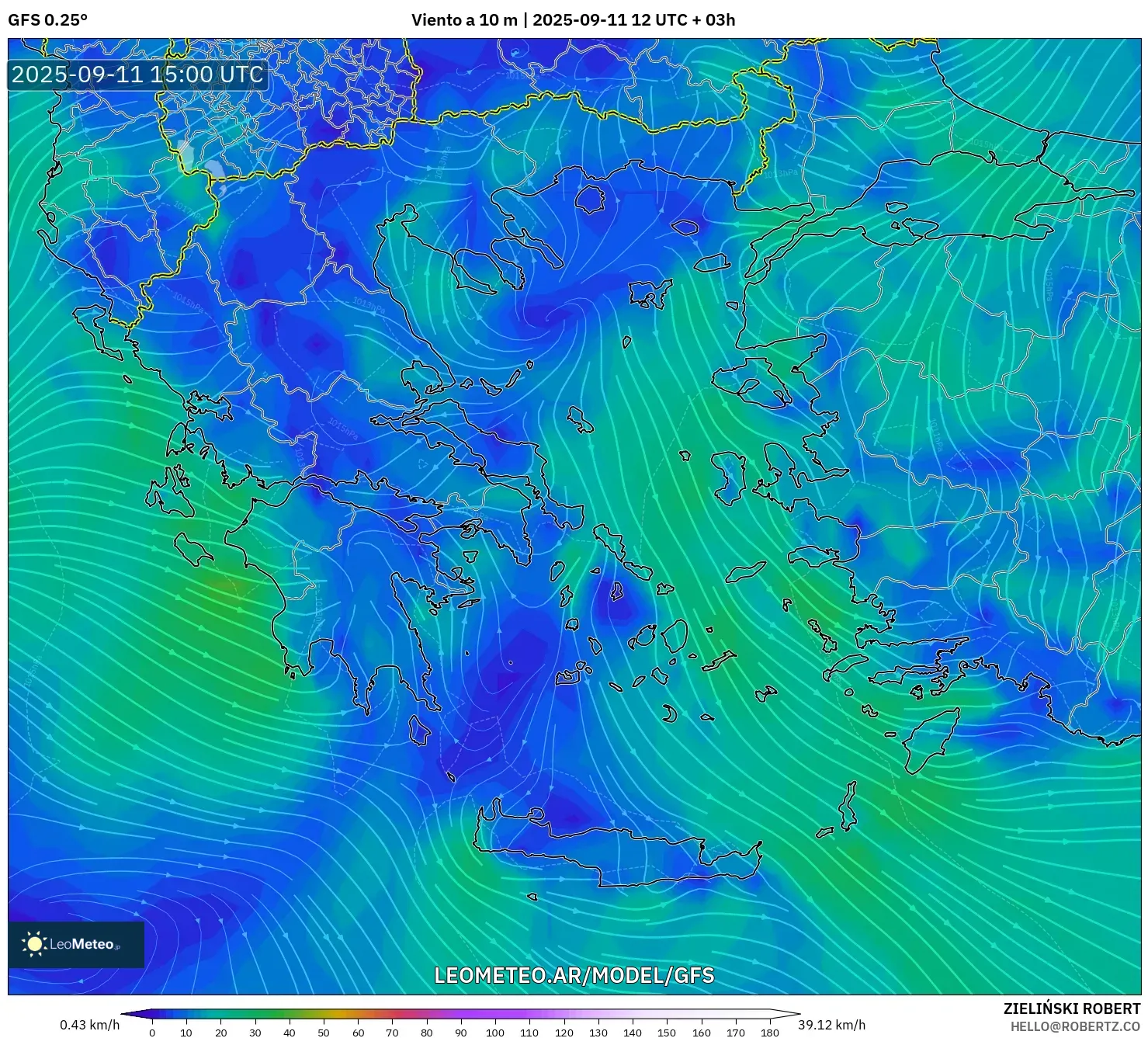 GFS model - Grecia, Viento a 10 m