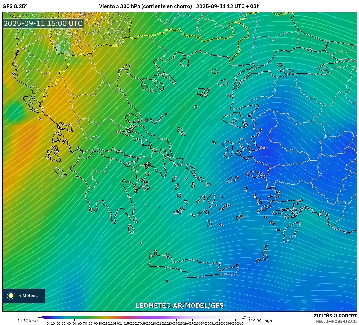 GFS model - Grecia, Viento a 300 hPa (corriente en chorro)