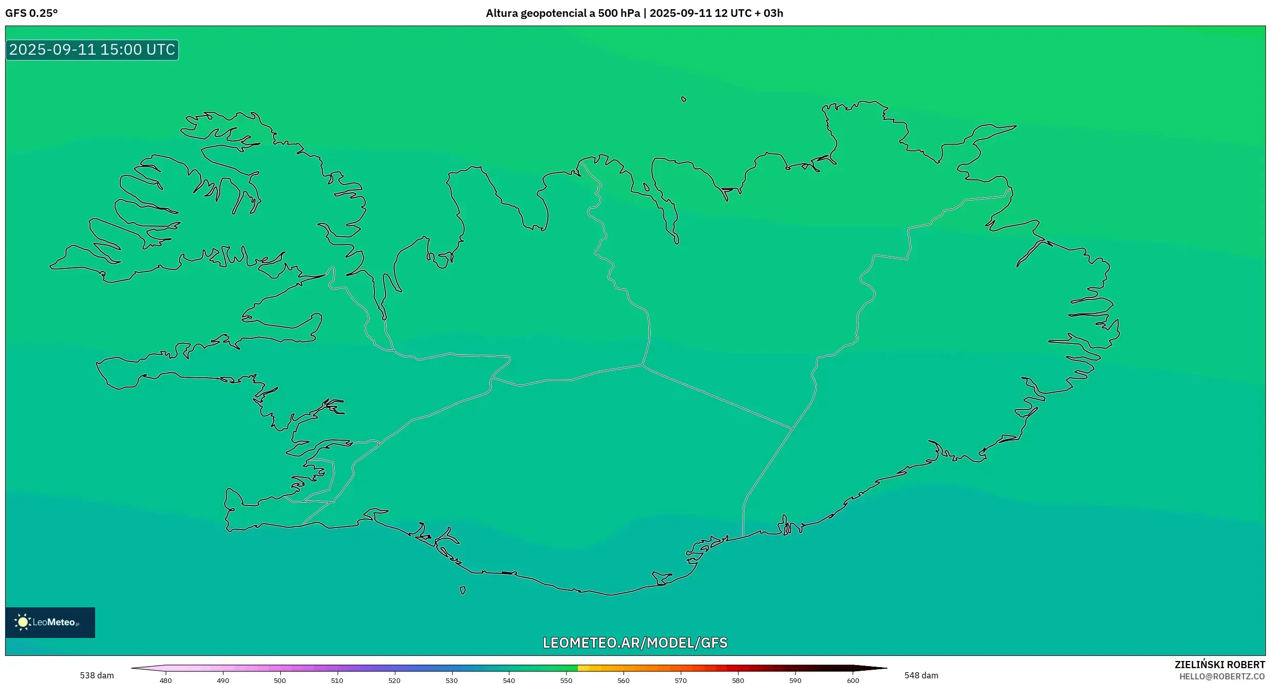 GFS model - Islandia, Altura geopotencial a 500 hPa