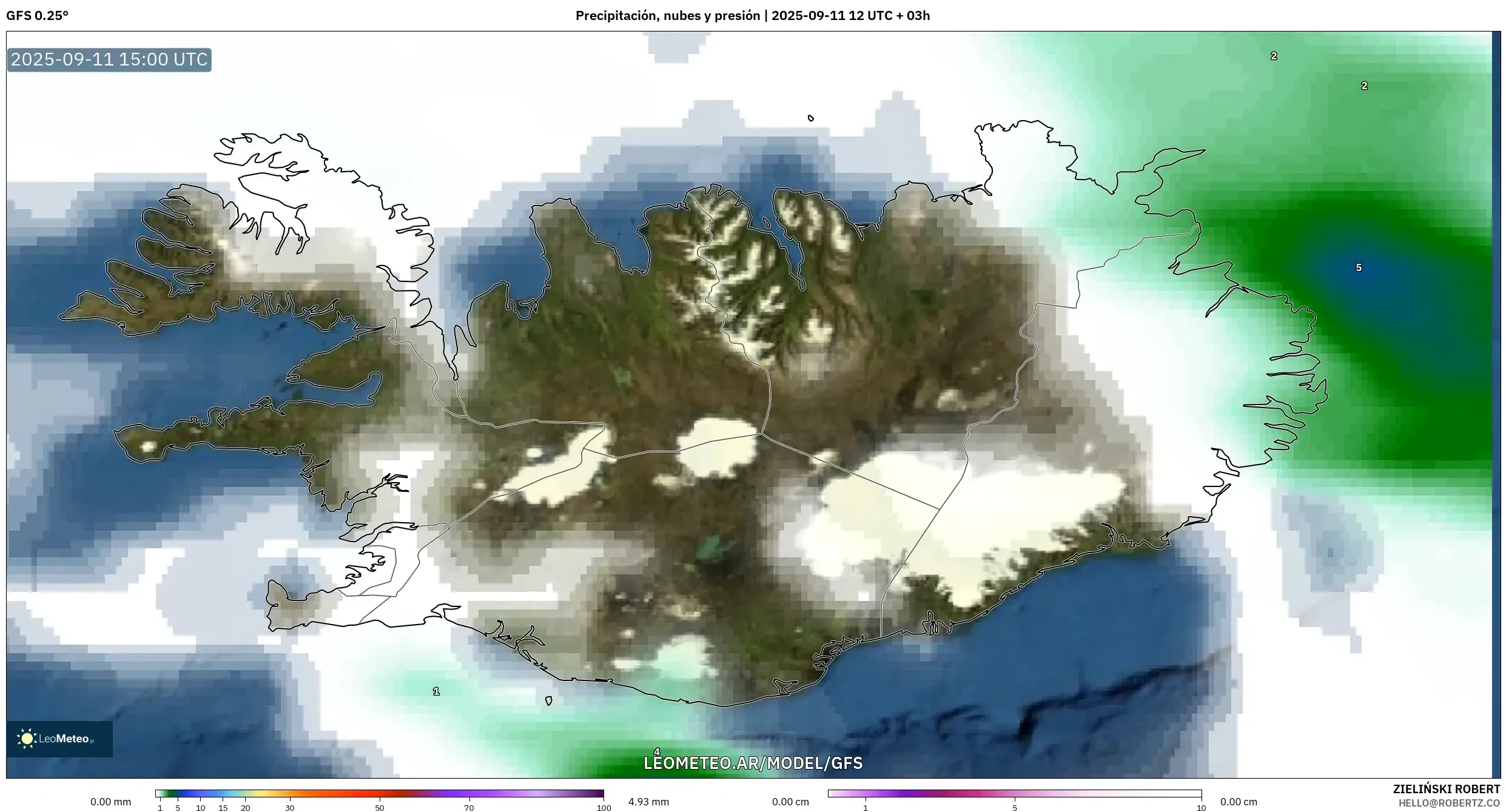 GFS model - Islandia, Precipitación, nubes y presión