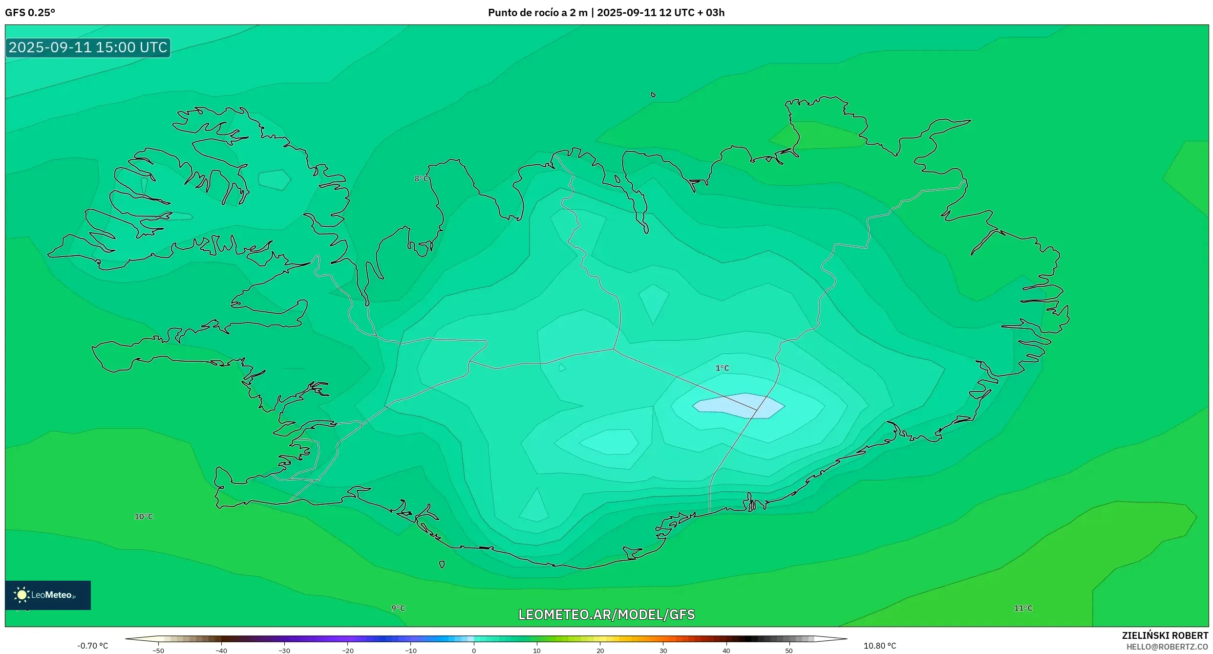 GFS model - Islandia, Punto de rocío a 2 m GFS model - Islandia, Punto de rocío a 2 m
