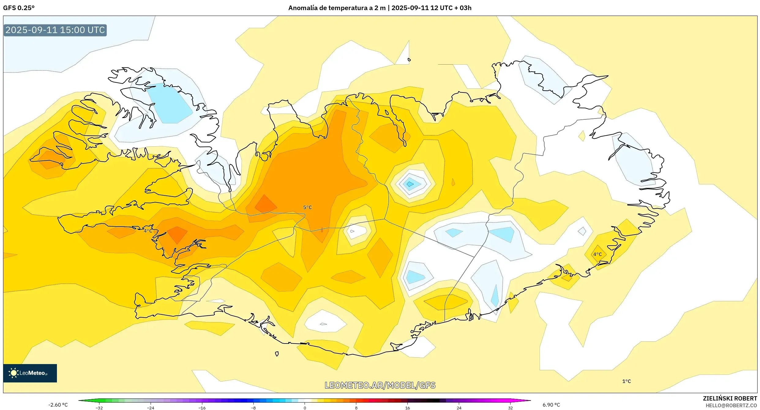 GFS model - Islandia, Anomalía de temperatura a 2 m