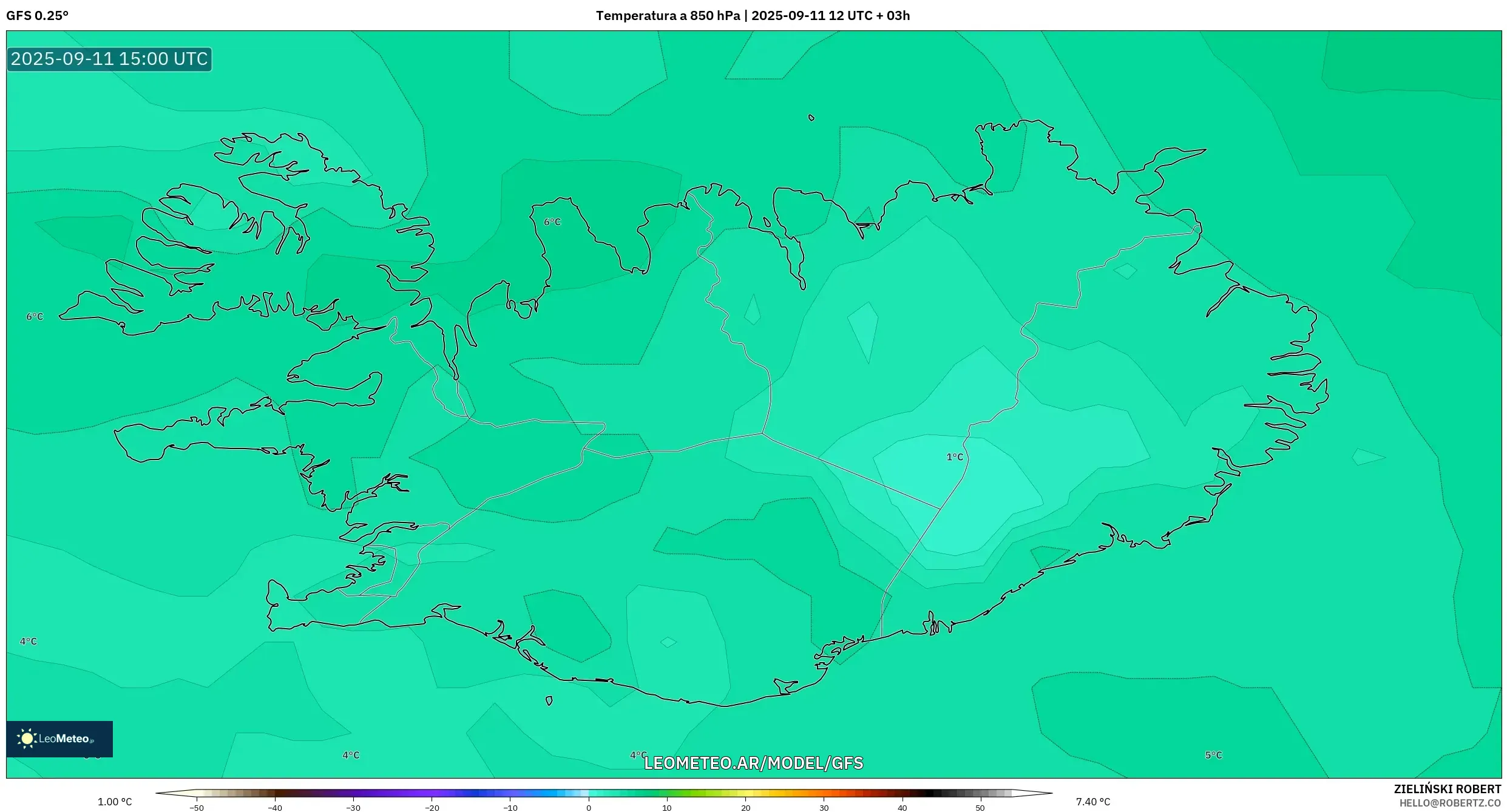 GFS model - Islandia, Temperatura a 850 hPa