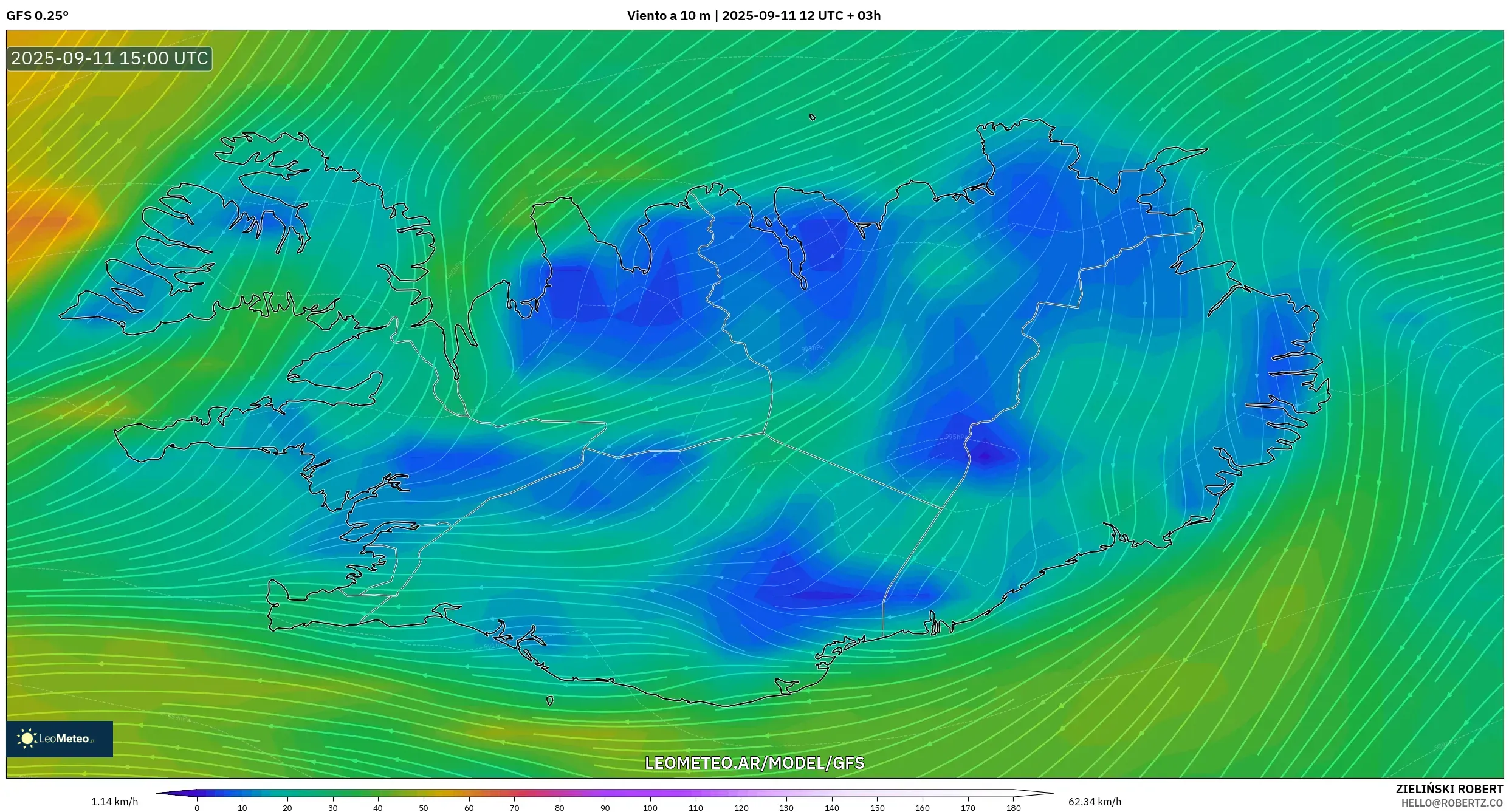 GFS model - Islandia, Viento a 10 m