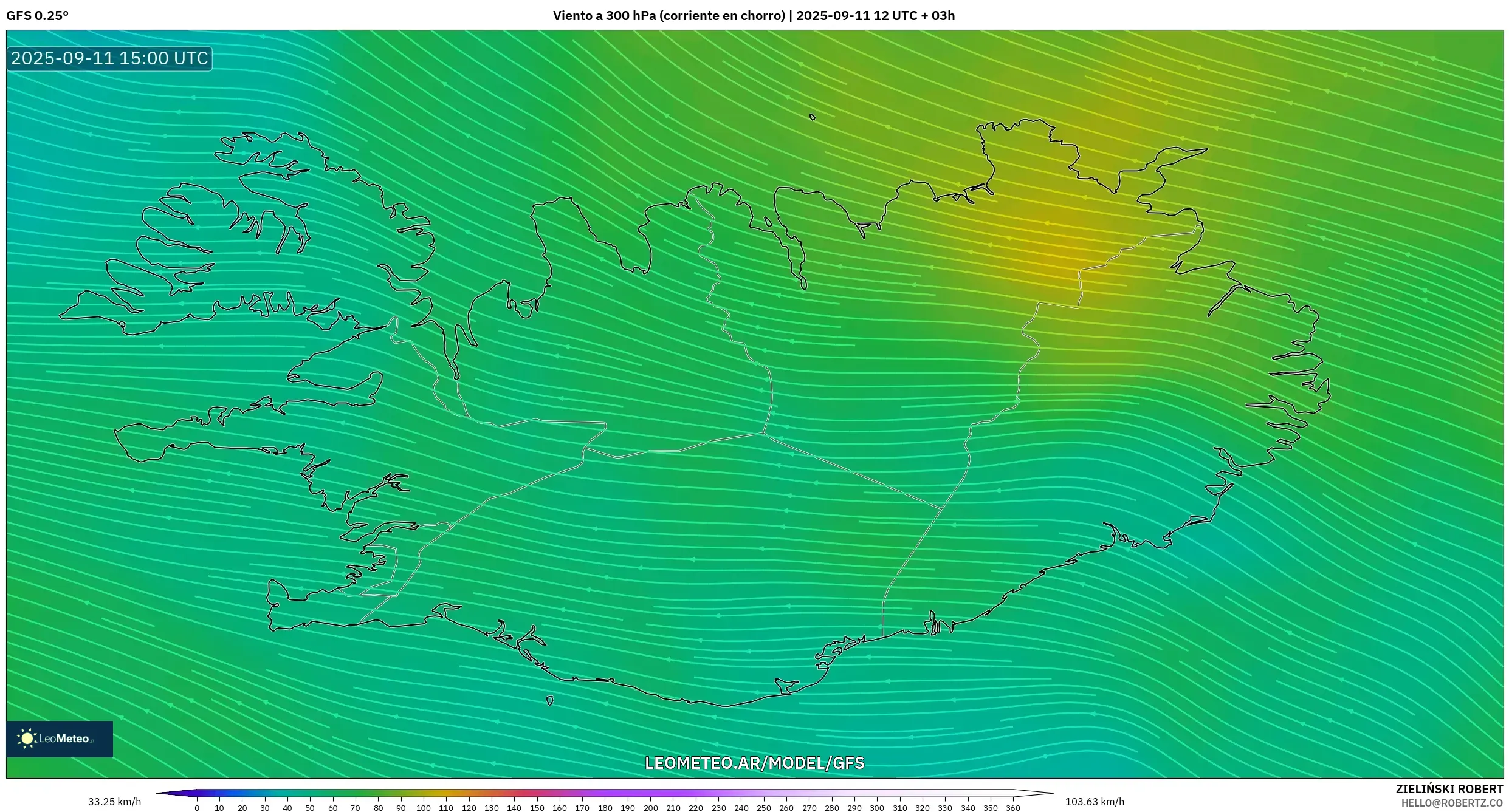 GFS model - Islandia, Viento a 300 hPa (corriente en chorro)