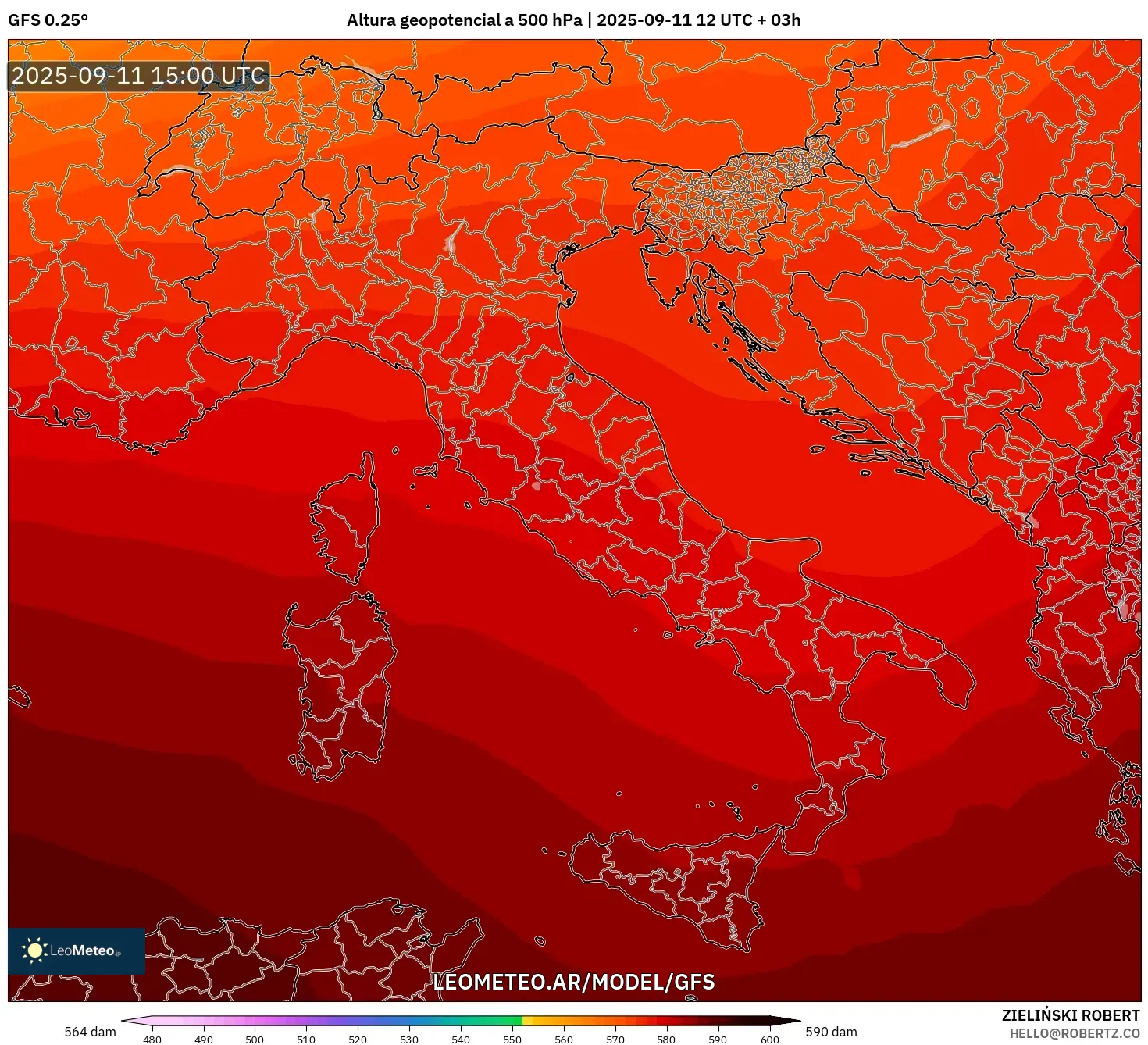 GFS model - Italia, Altura geopotencial a 500 hPa