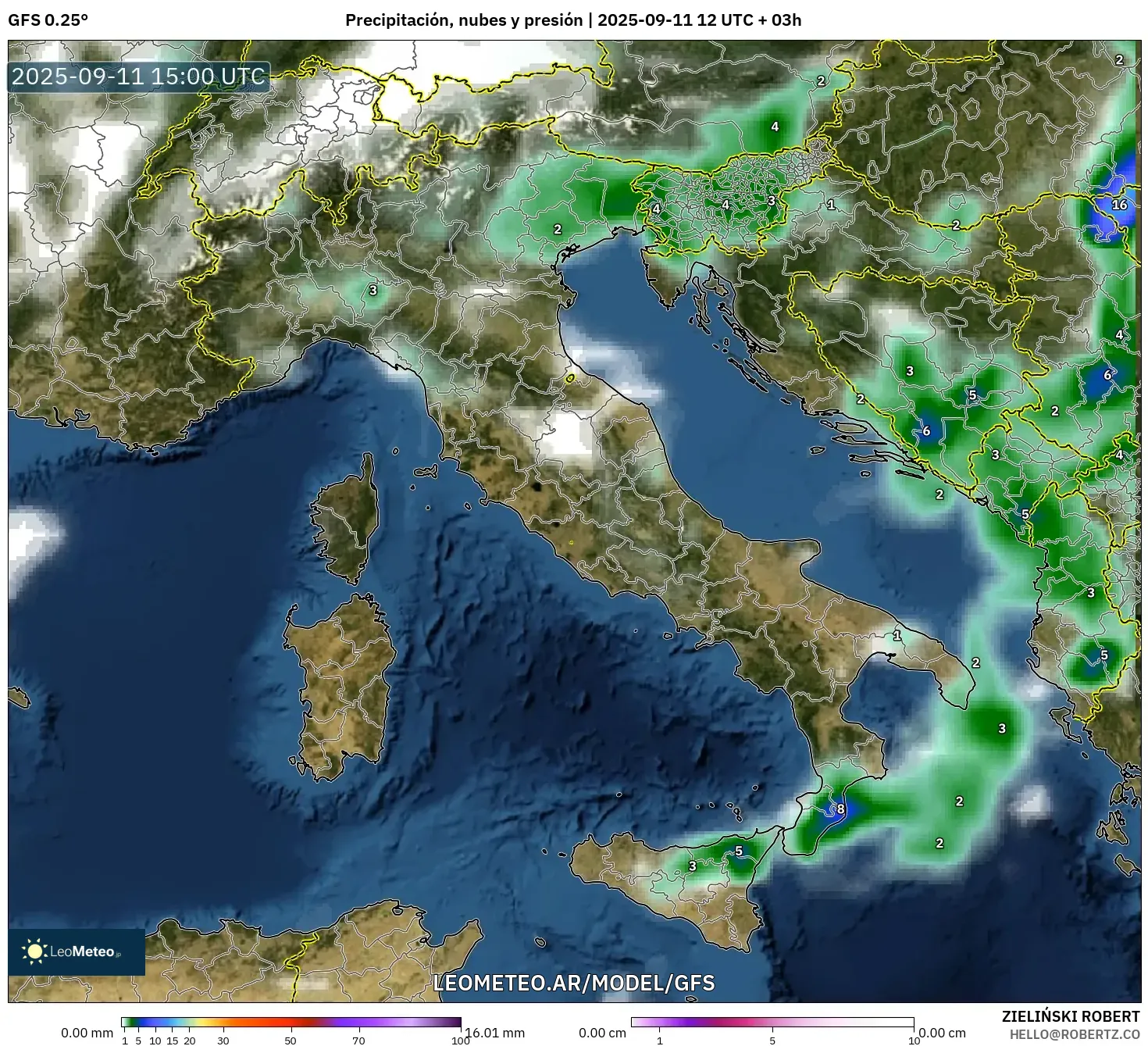 GFS model - Italia, Precipitación, nubes y presión