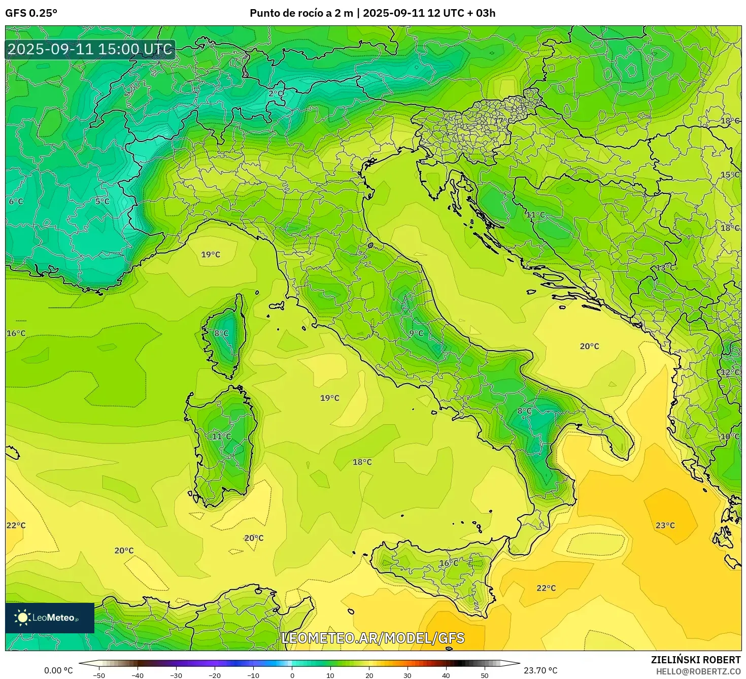 GFS model - Italia, Punto de rocío a 2 m GFS model - Italia, Punto de rocío a 2 m