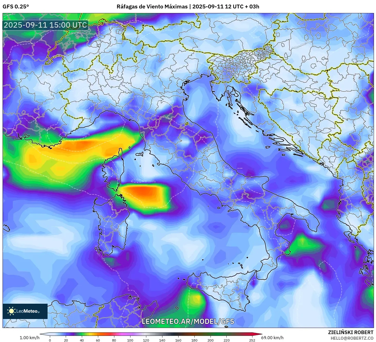 GFS model - Italia, Ráfagas de Viento Máximas