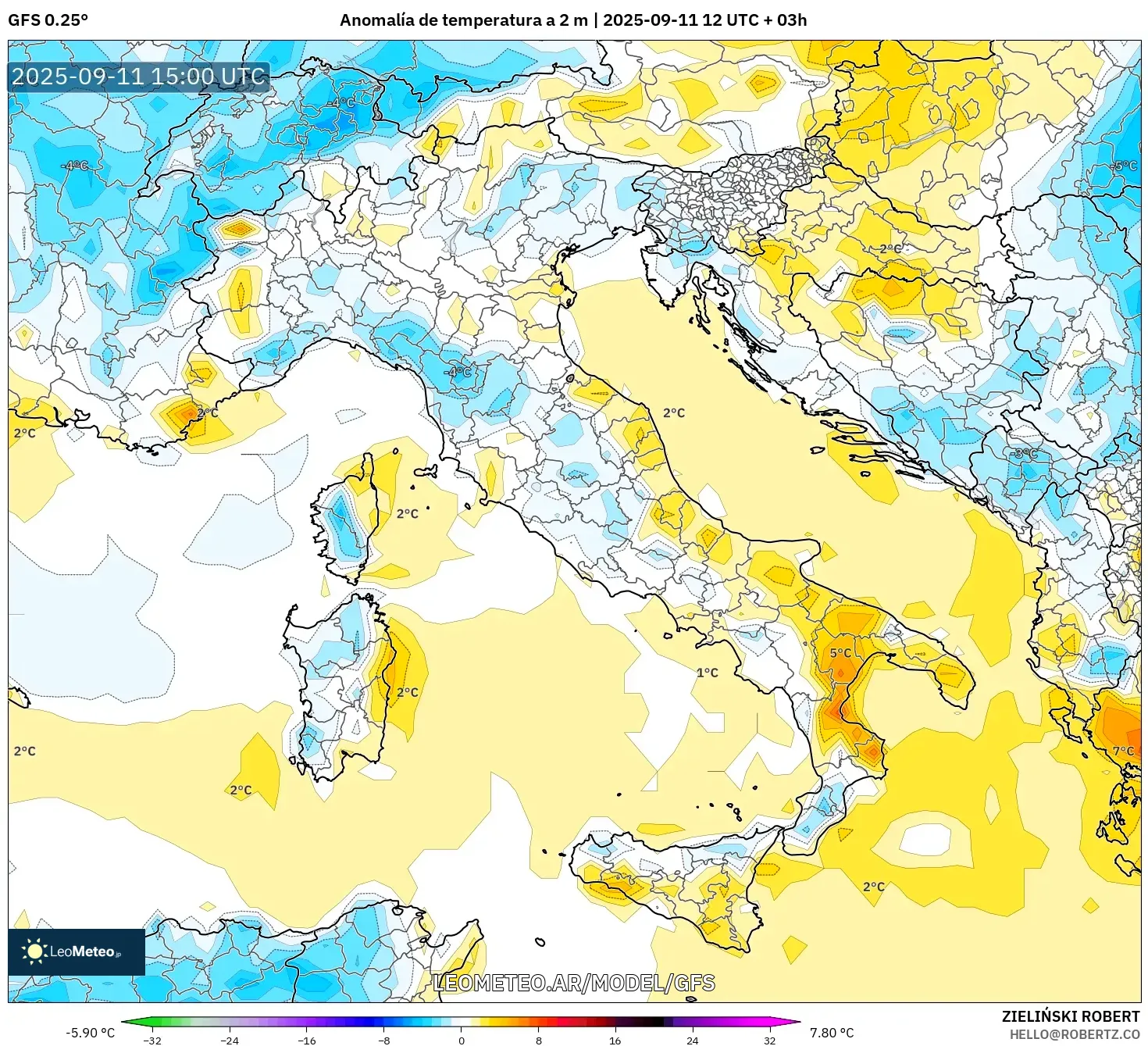 GFS model - Italia, Anomalía de temperatura a 2 m