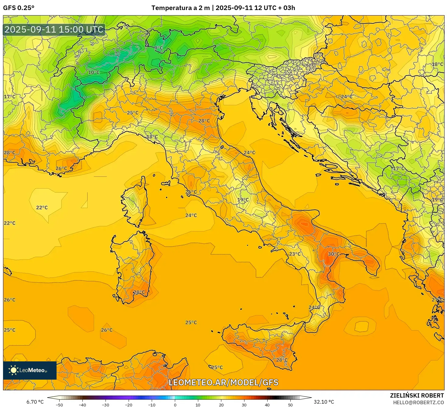 GFS model - Italia, Temperatura a 2 m