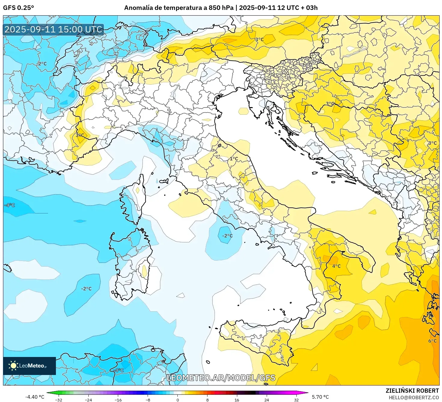 GFS model - Italia, Anomalía de temperatura a 850 hPa