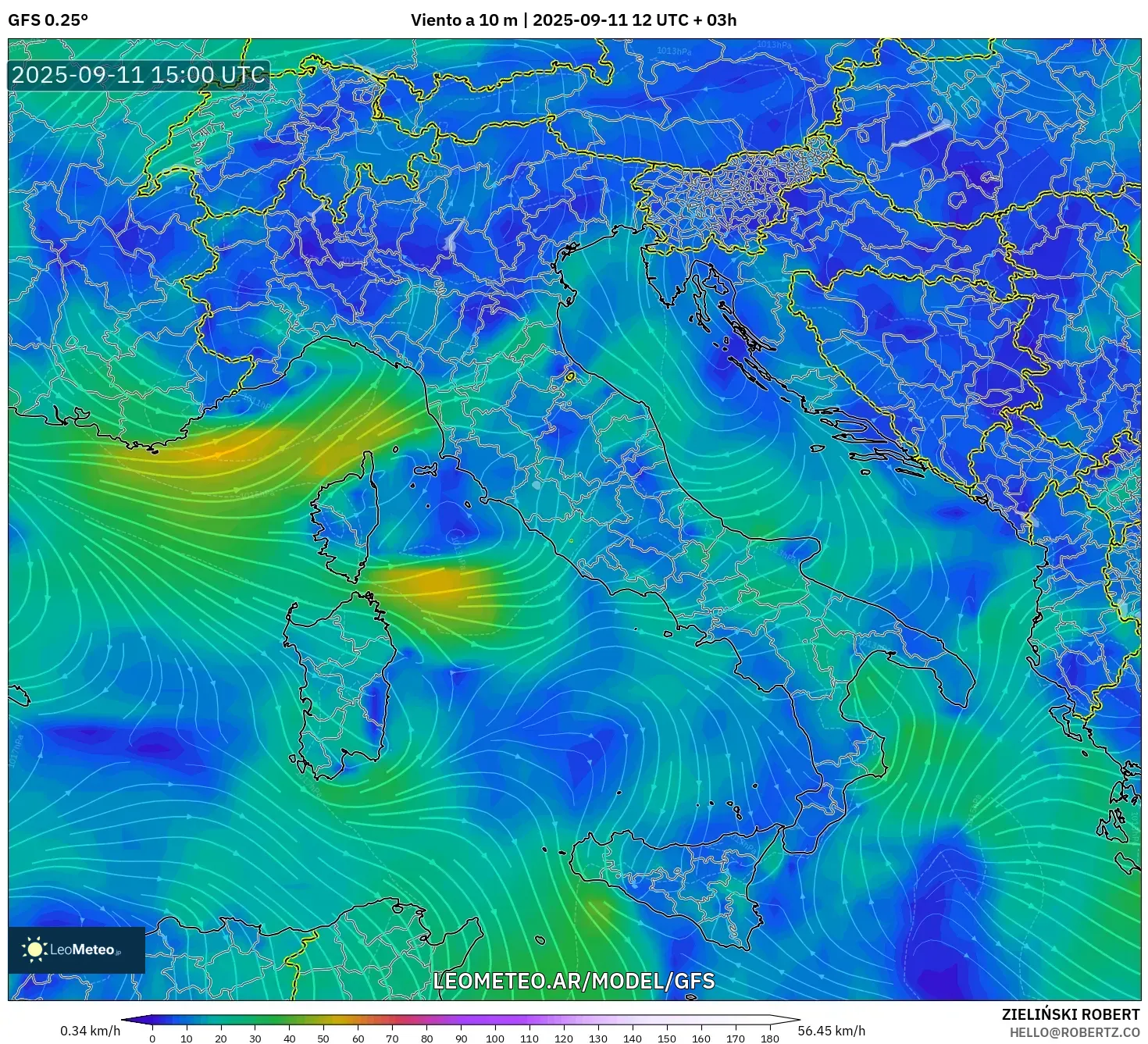 GFS model - Italia, Viento a 10 m