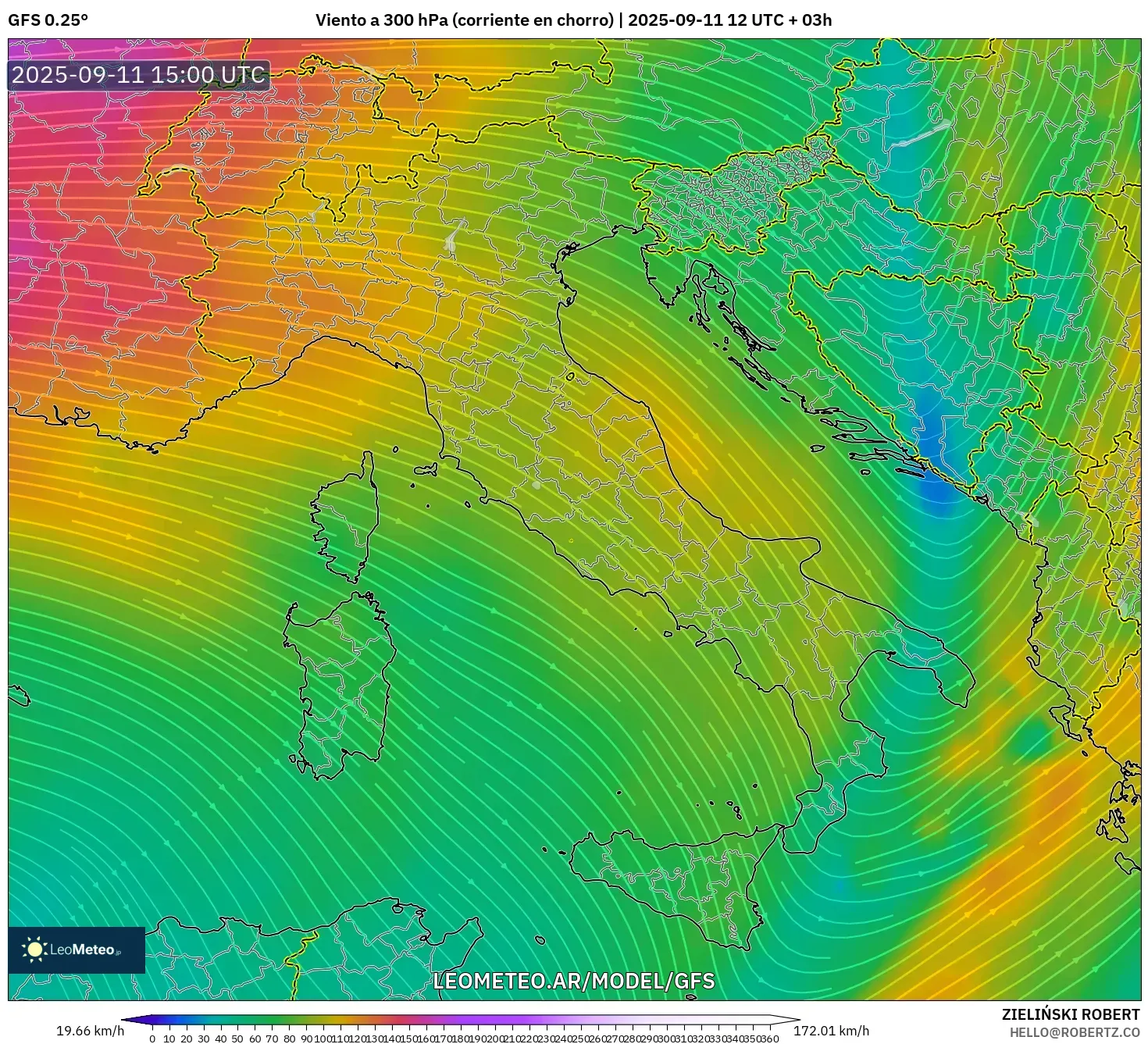 GFS model - Italia, Viento a 300 hPa (corriente en chorro)