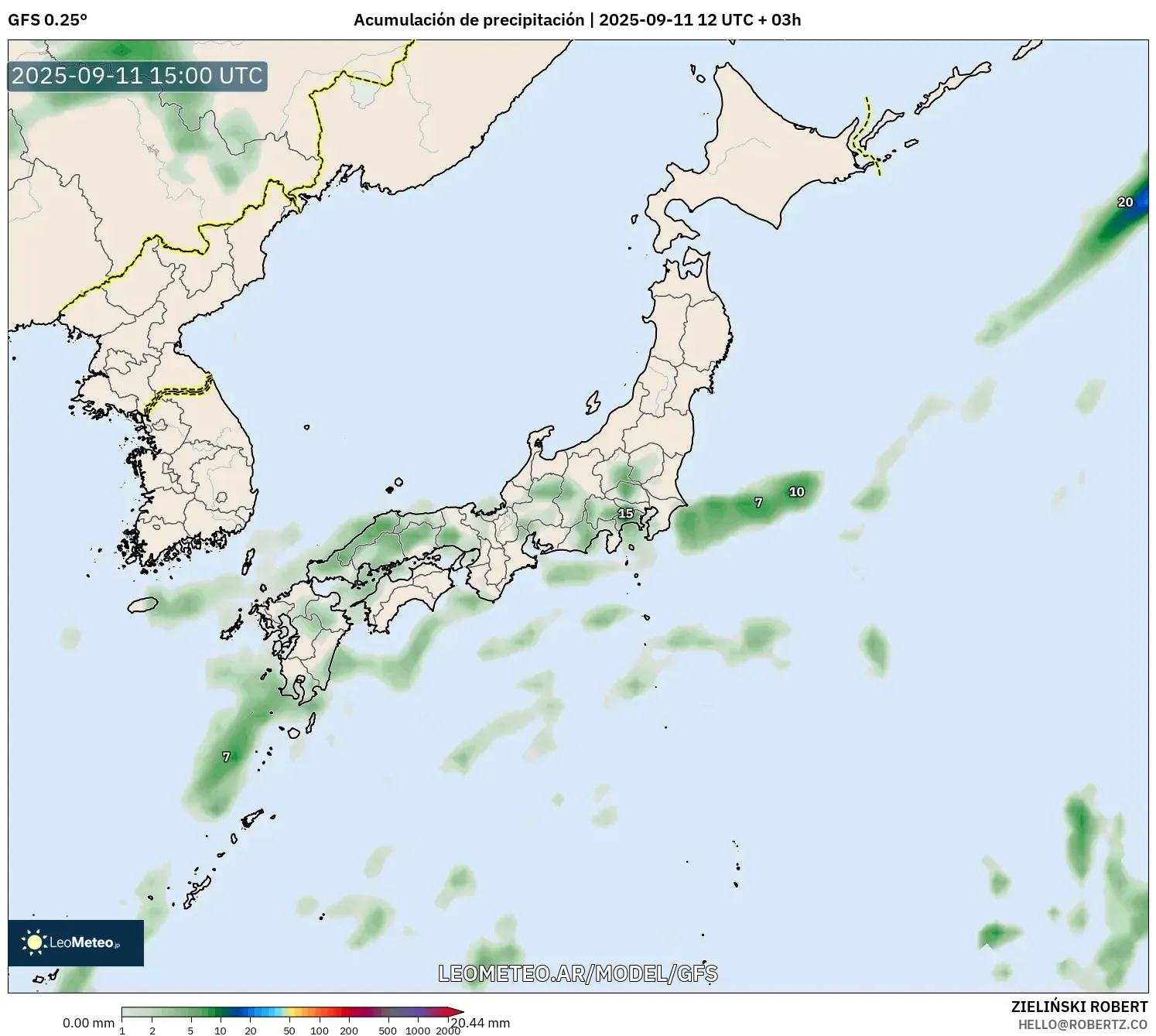 GFS model - Japón, Acumulación de precipitación GFS model - Japón, Acumulación de precipitación