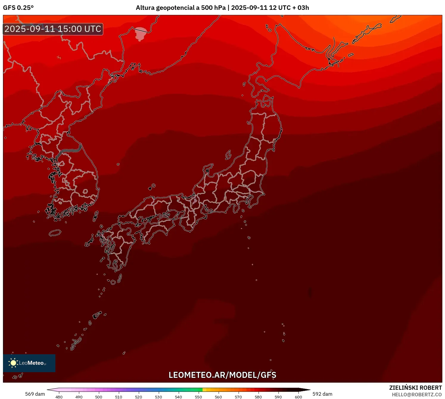 GFS model - Japón, Altura geopotencial a 500 hPa