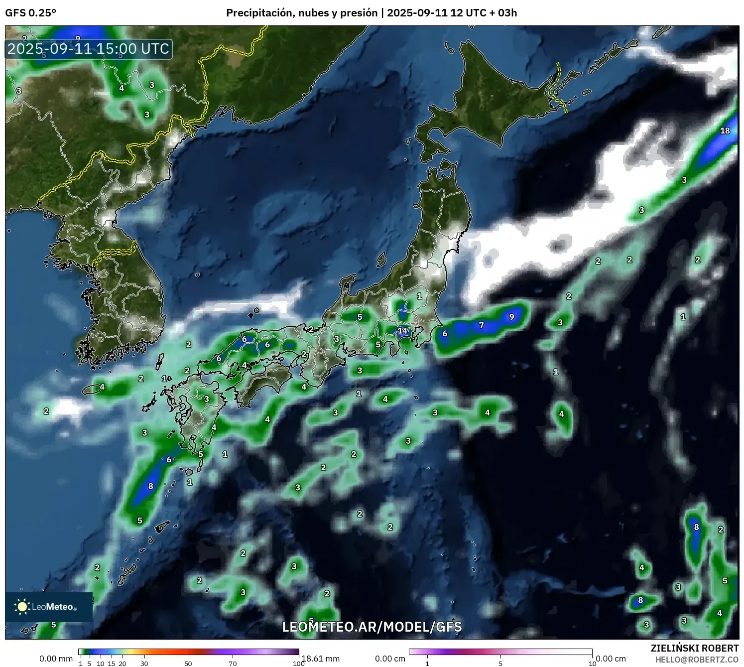 GFS model - Japón, Precipitación, nubes y presión