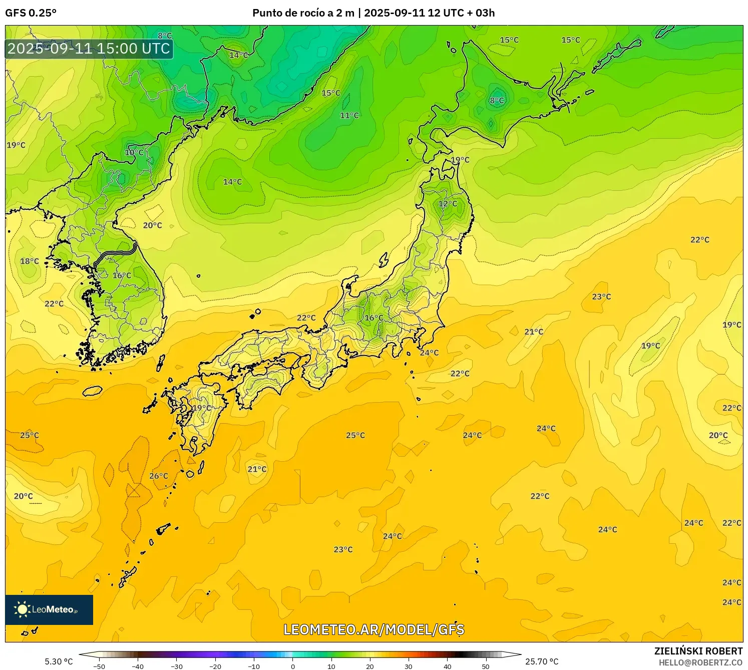 GFS model - Japón, Punto de rocío a 2 m GFS model - Japón, Punto de rocío a 2 m