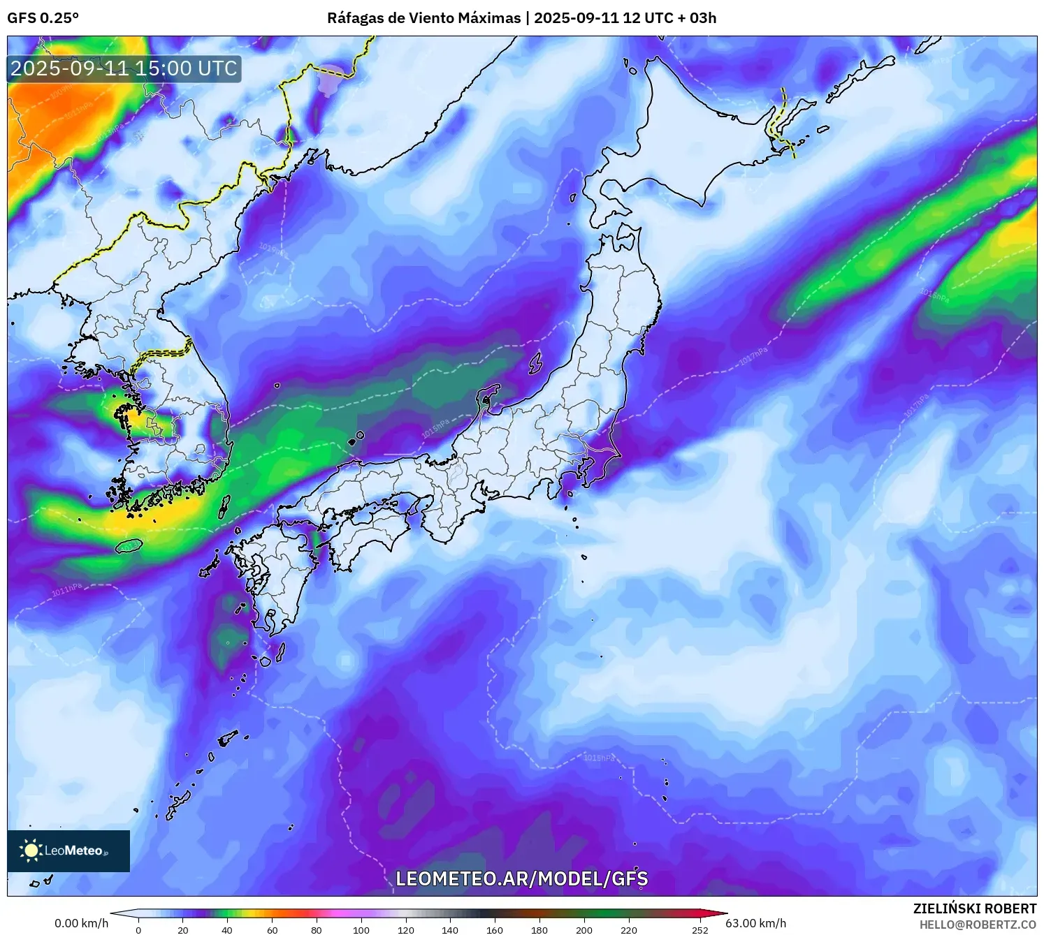 GFS model - Japón, Ráfagas de Viento Máximas GFS model - Japón, Ráfagas de Viento Máximas