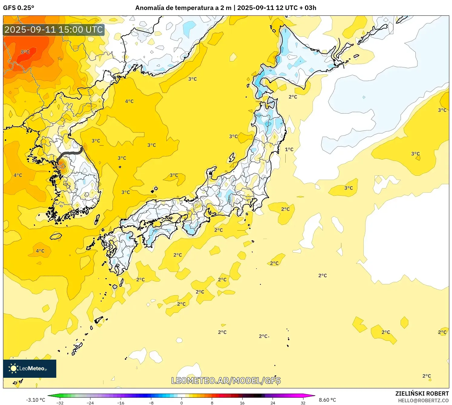 GFS model - Japón, Anomalía de temperatura a 2 m