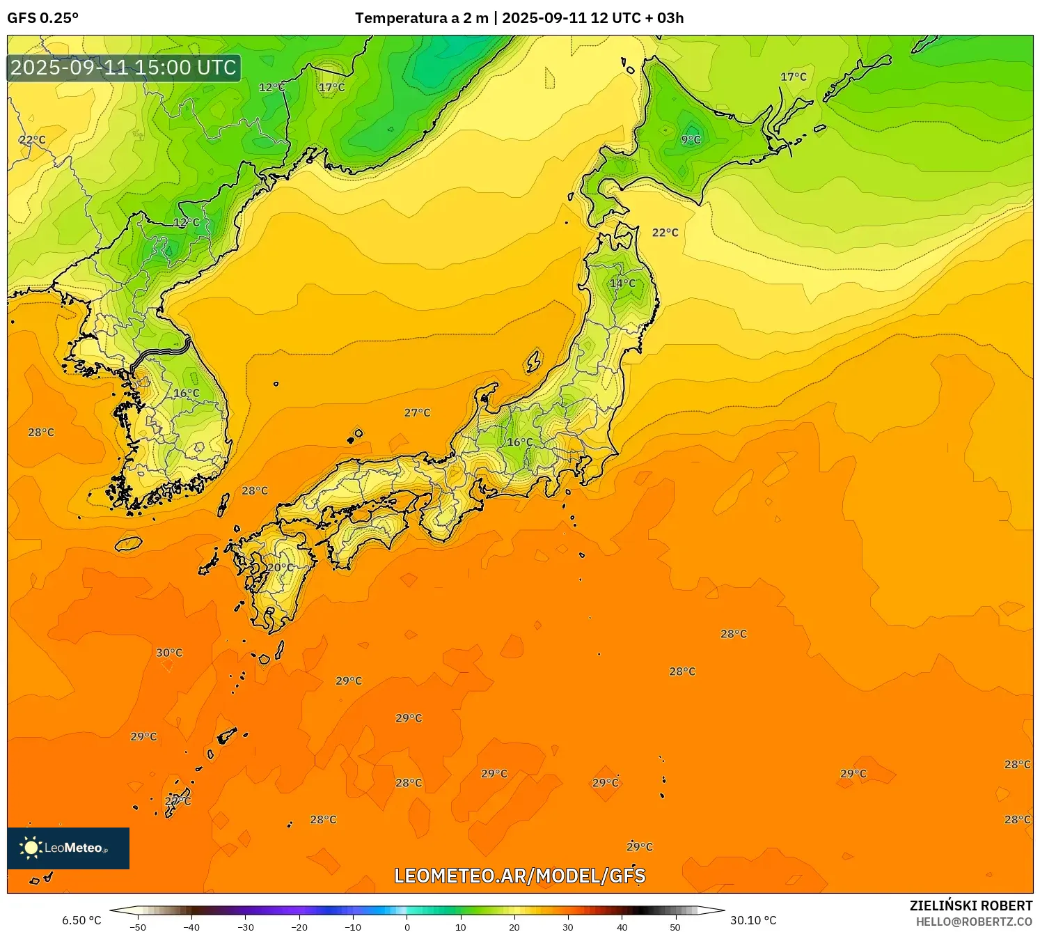 GFS model - Japón, Temperatura a 2 m