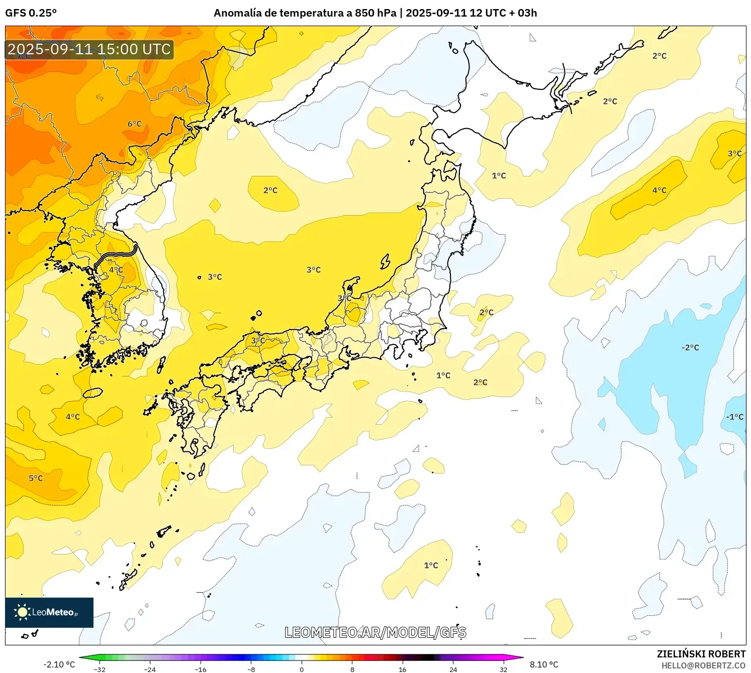 GFS model - Japón, Anomalía de temperatura a 850 hPa GFS model - Japón, Anomalía de temperatura a 850 hPa