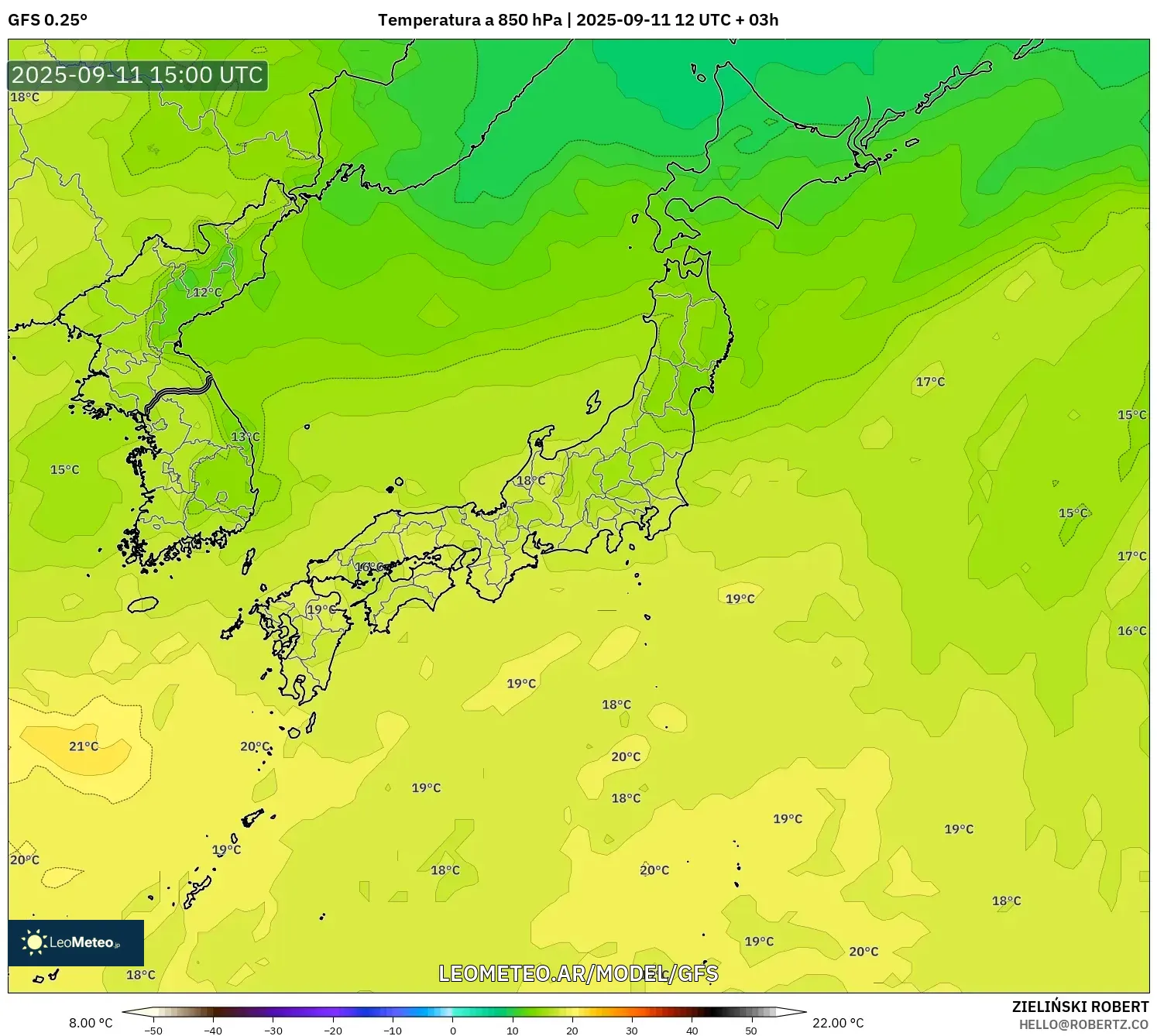 GFS model - Japón, Temperatura a 850 hPa GFS model - Japón, Temperatura a 850 hPa