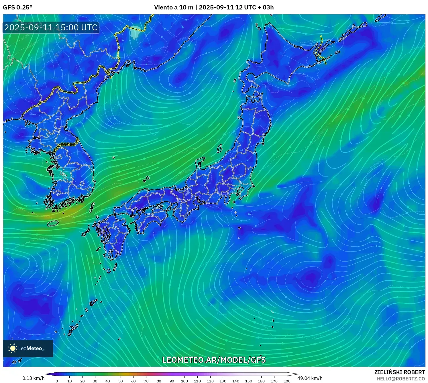 GFS model - Japón, Viento a 10 m