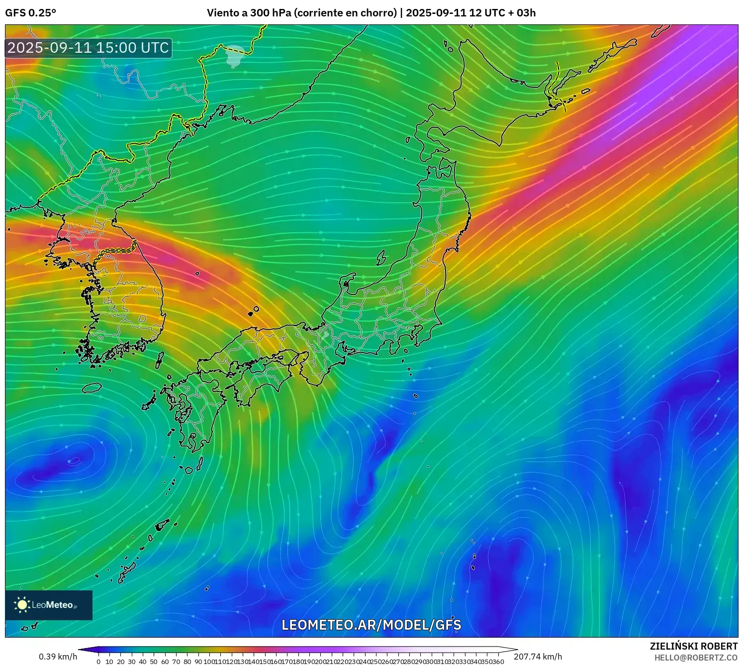GFS model - Japón, Viento a 300 hPa (corriente en chorro)