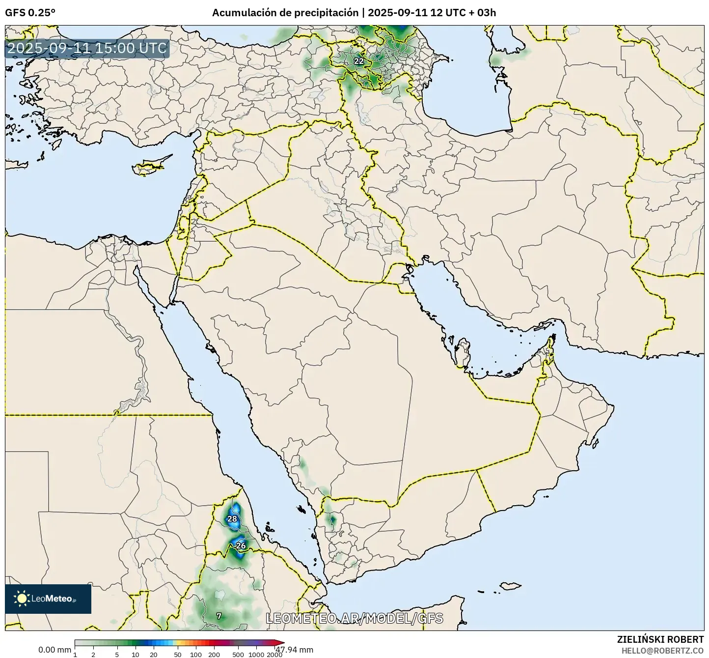 GFS model - Oriente Medio, Acumulación de precipitación