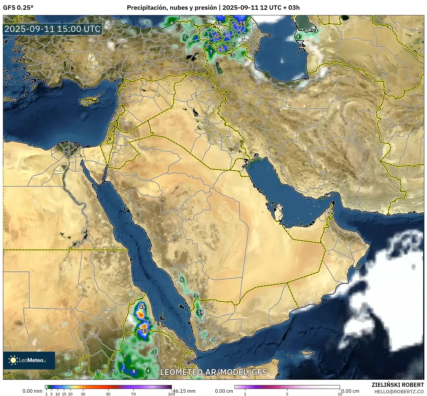GFS model - Oriente Medio, Precipitación, nubes y presión