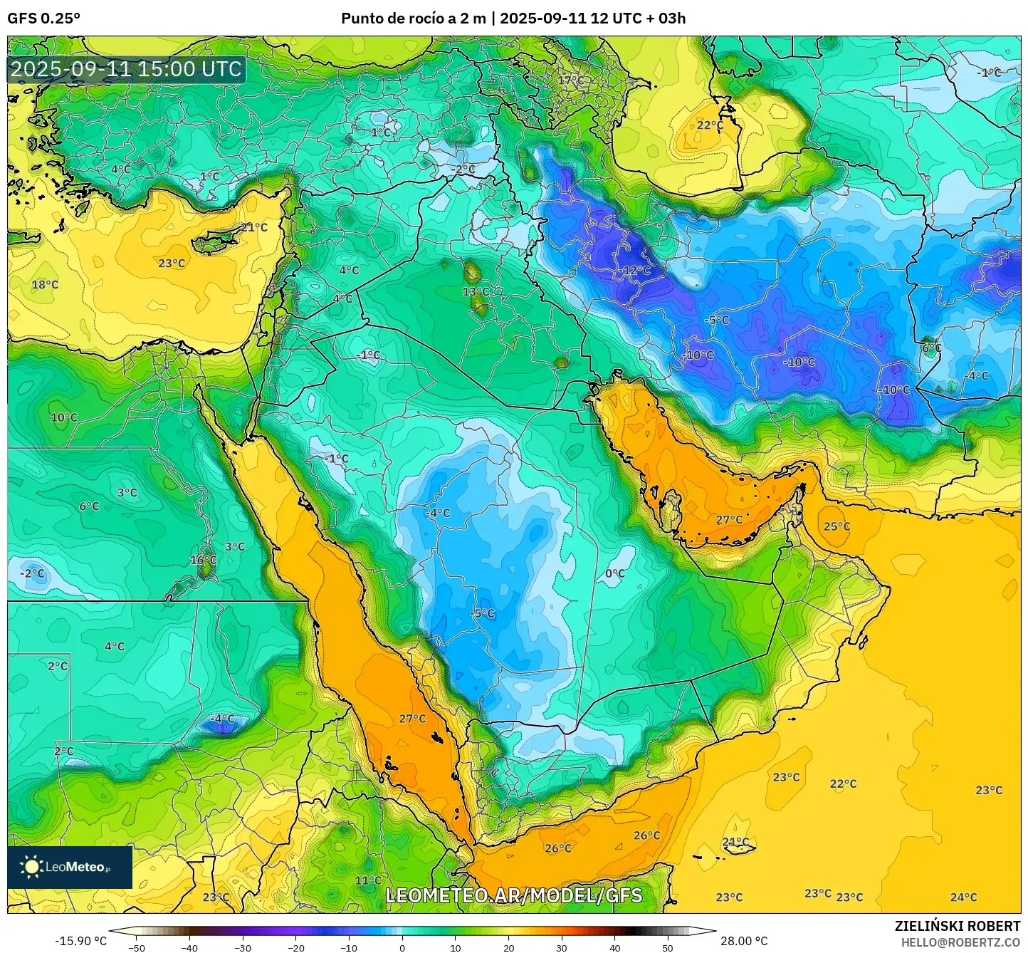 GFS model - Oriente Medio, Punto de rocío a 2 m