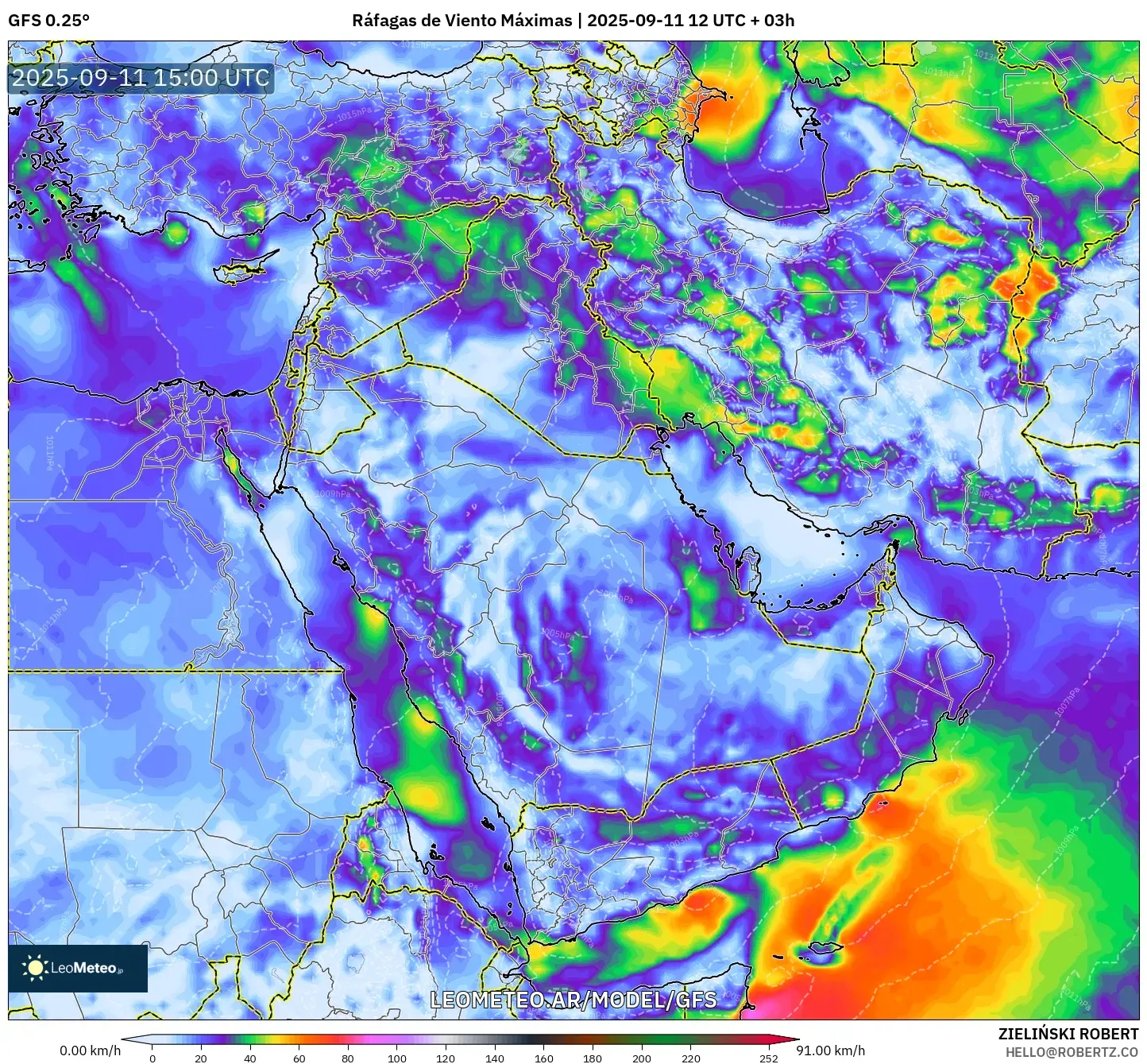 GFS model - Oriente Medio, Ráfagas de Viento Máximas GFS model - Oriente Medio, Ráfagas de Viento Máximas