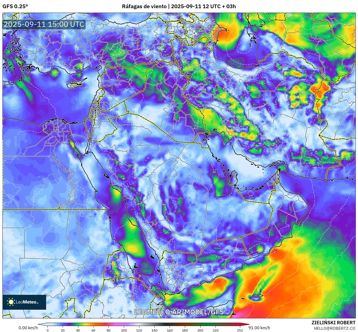 GFS model - Oriente Medio, Ráfagas de viento GFS model - Oriente Medio, Ráfagas de viento