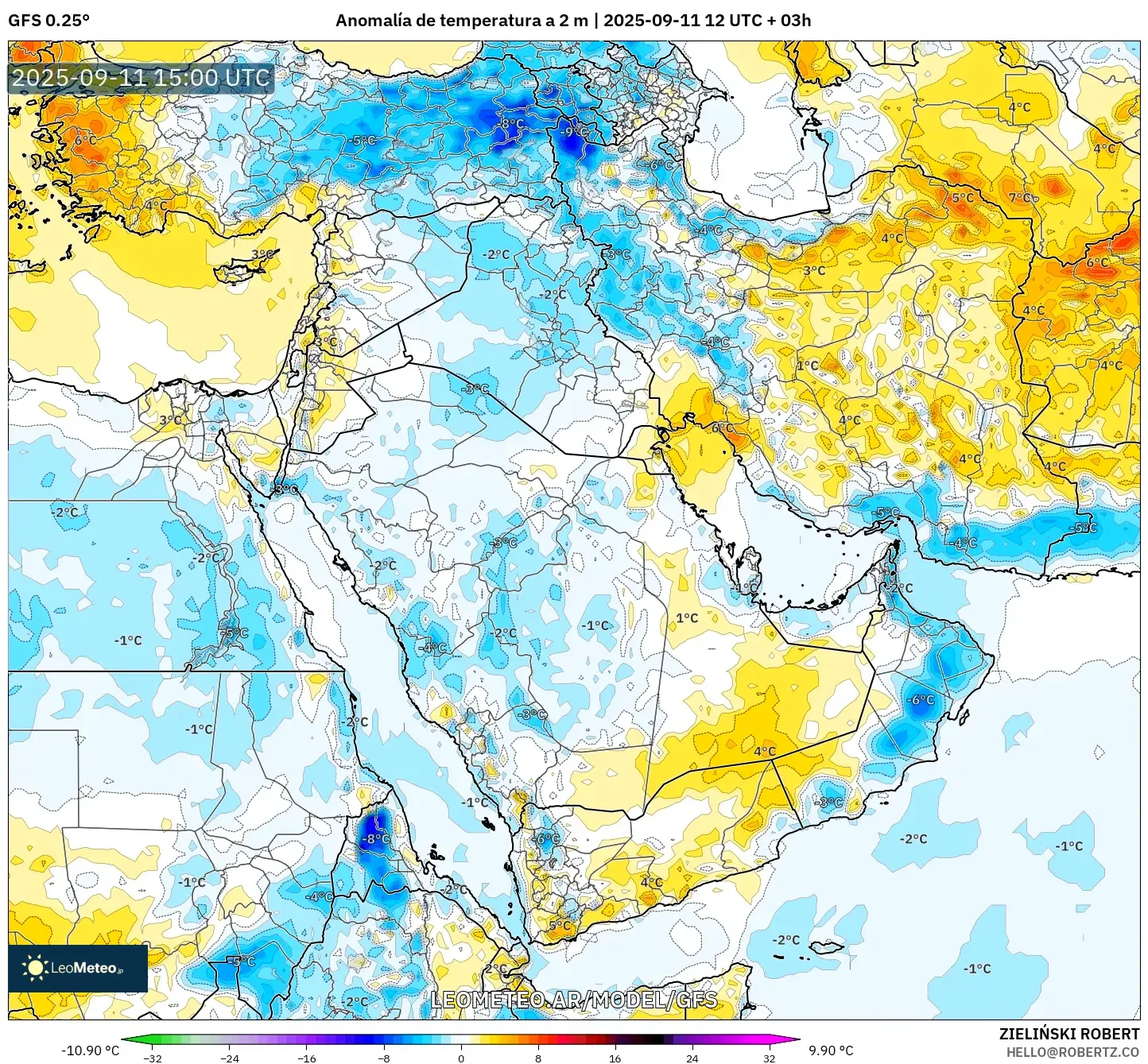 GFS model - Oriente Medio, Anomalía de temperatura a 2 m