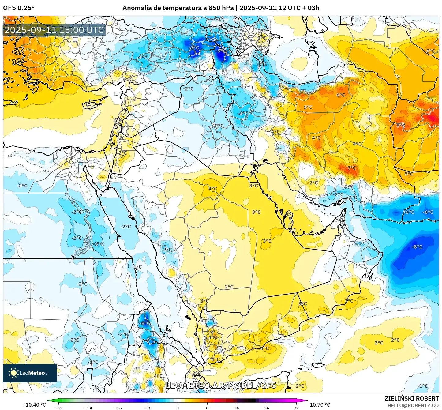 GFS model - Oriente Medio, Anomalía de temperatura a 850 hPa