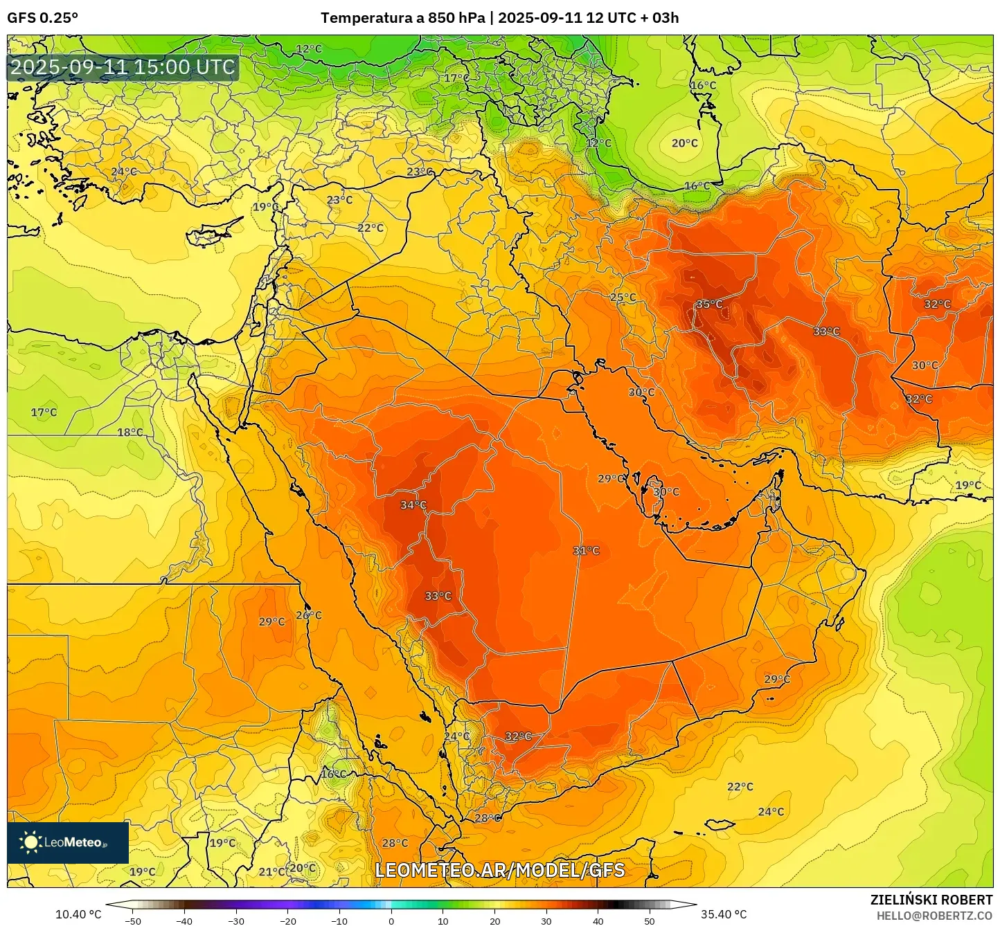 GFS model - Oriente Medio, Temperatura a 850 hPa