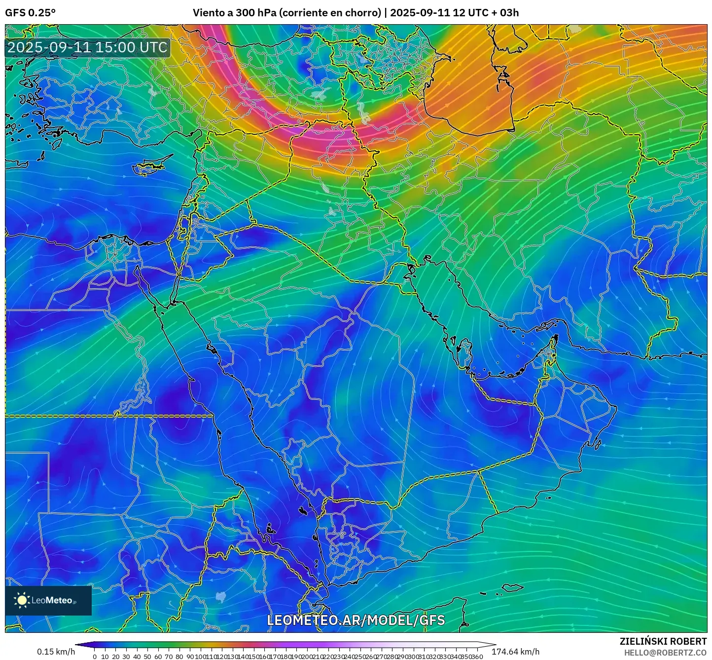 GFS model - Oriente Medio, Viento a 300 hPa (corriente en chorro)