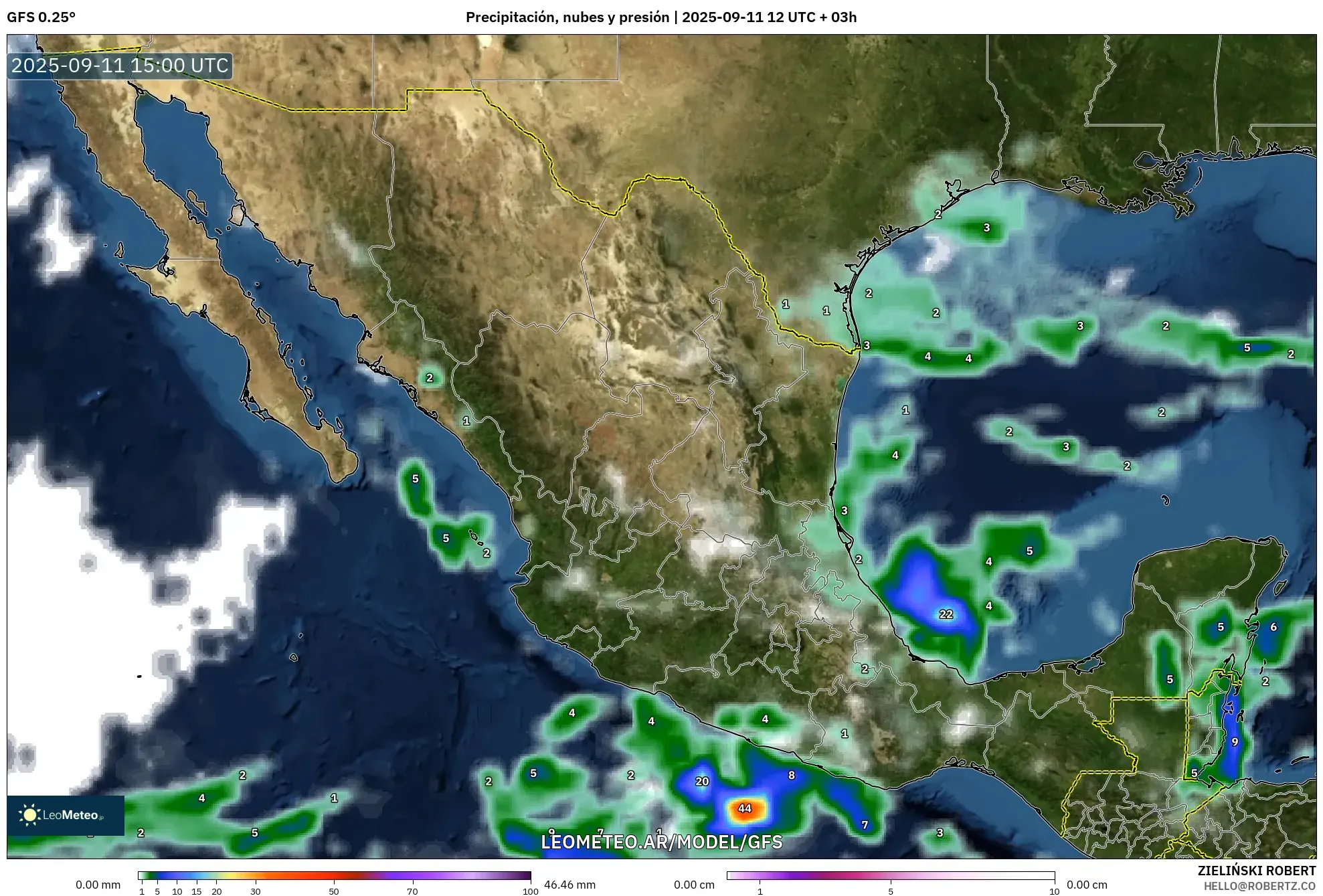 GFS model - México, Precipitación, nubes y presión
