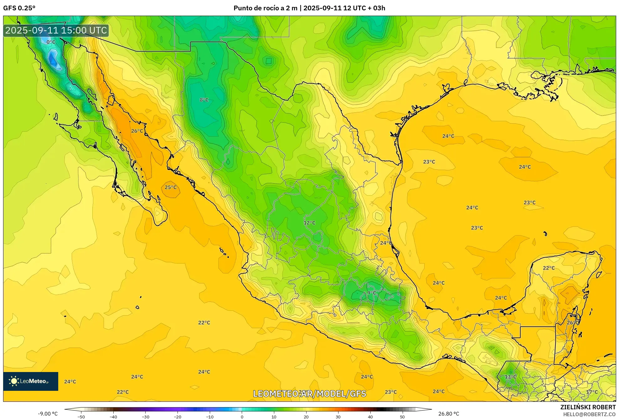 GFS model - México, Punto de rocío a 2 m