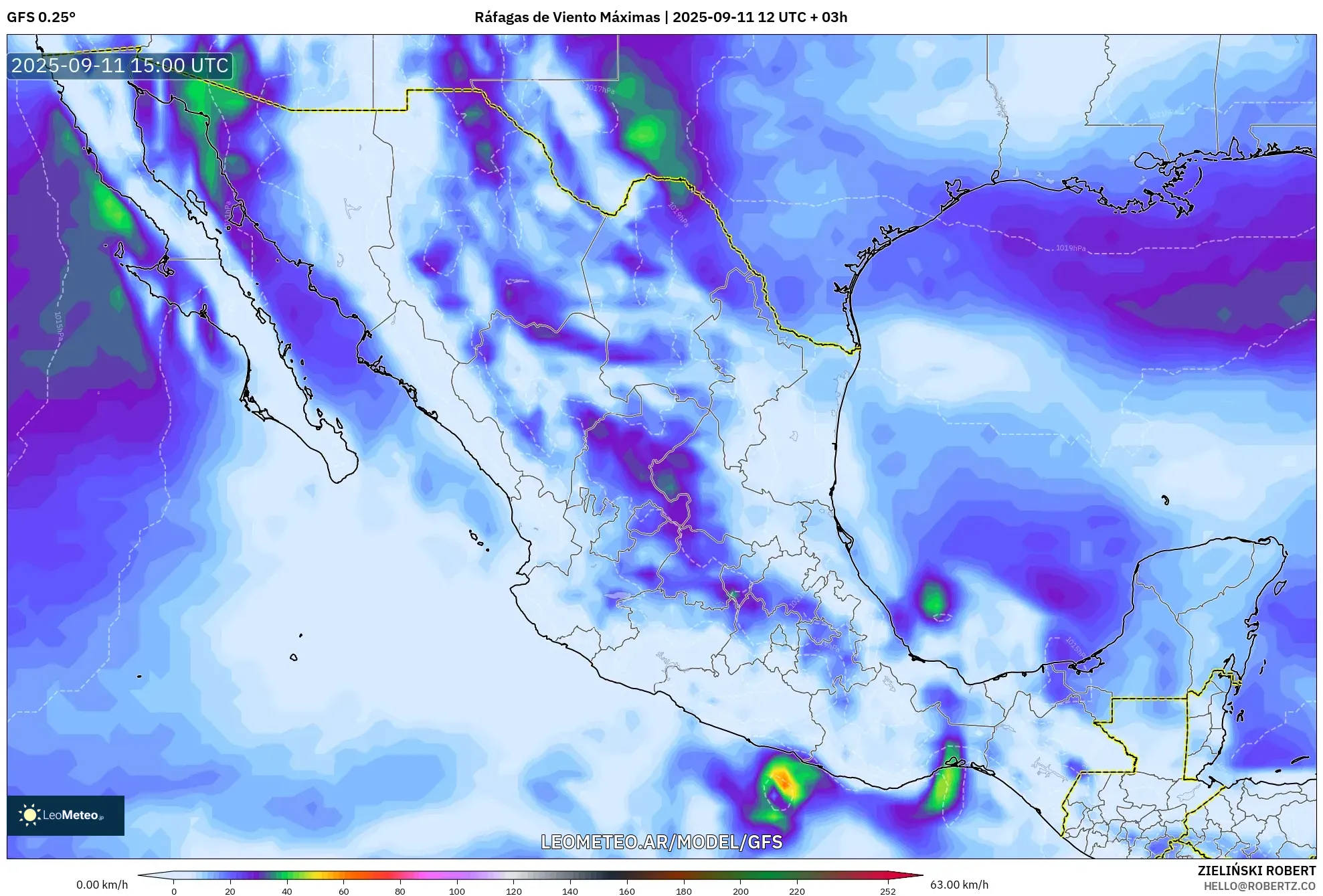 GFS model - México, Ráfagas de Viento Máximas