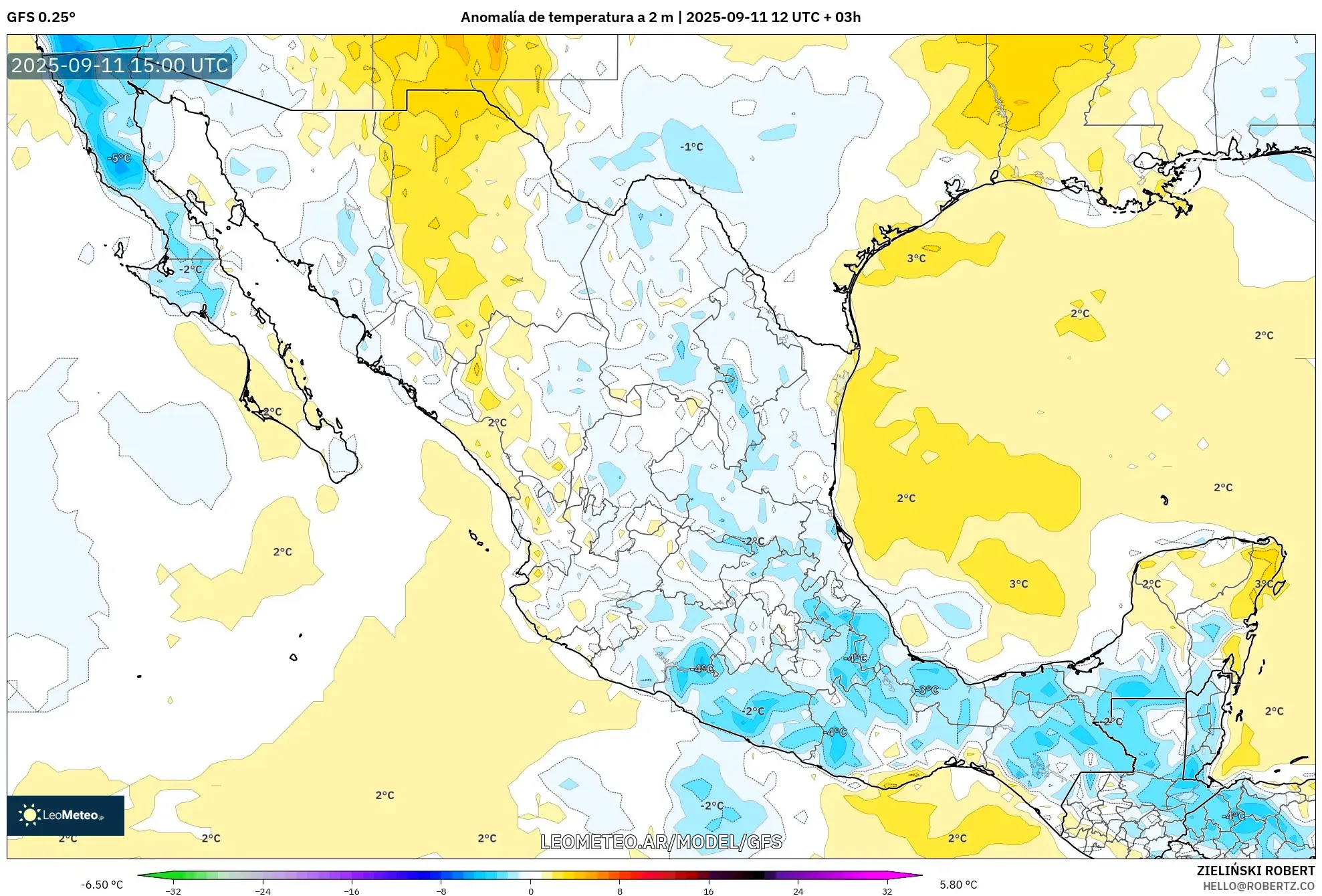GFS model - México, Anomalía de temperatura a 2 m