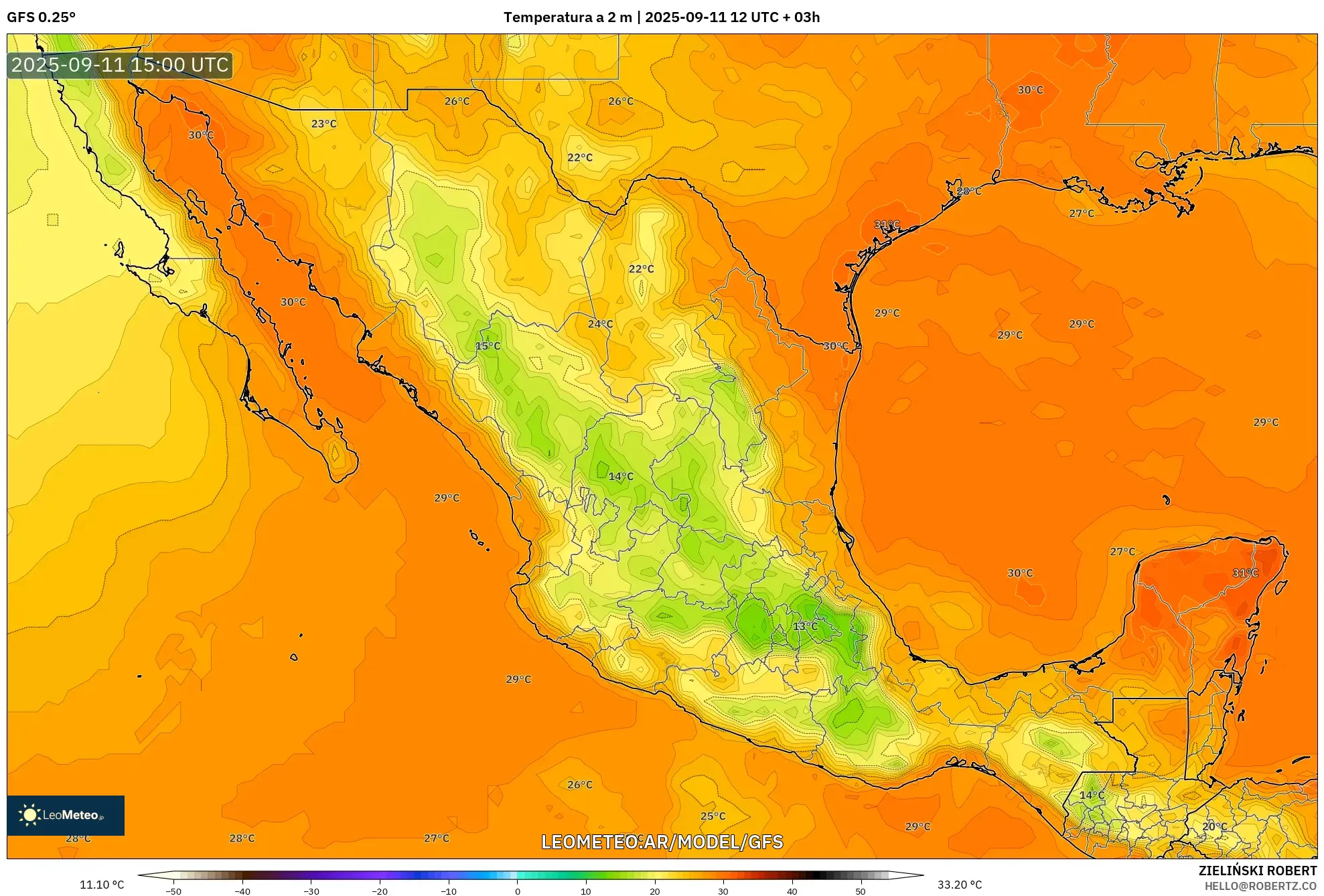 GFS model - México, Temperatura a 2 m