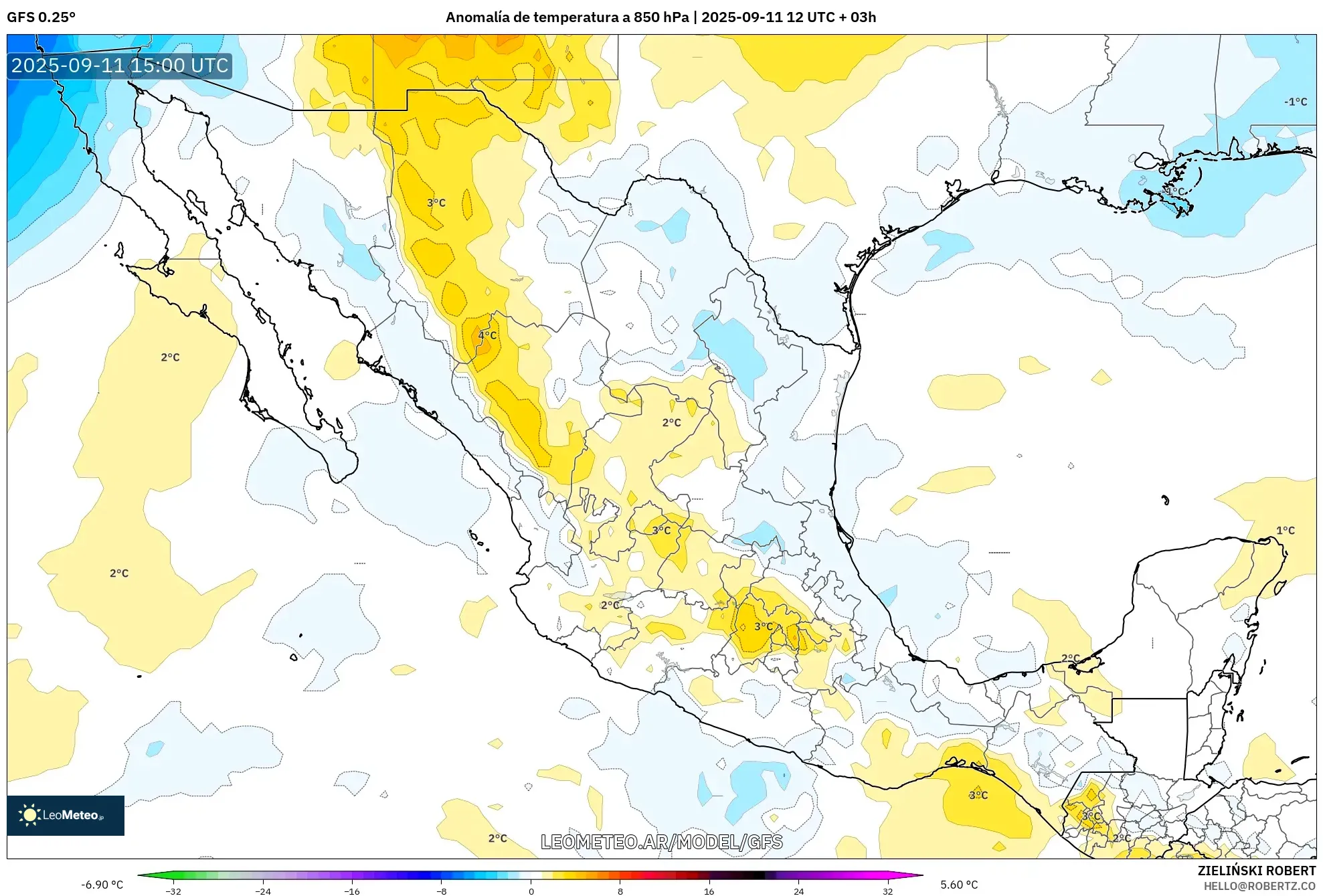 GFS model - México, Anomalía de temperatura a 850 hPa