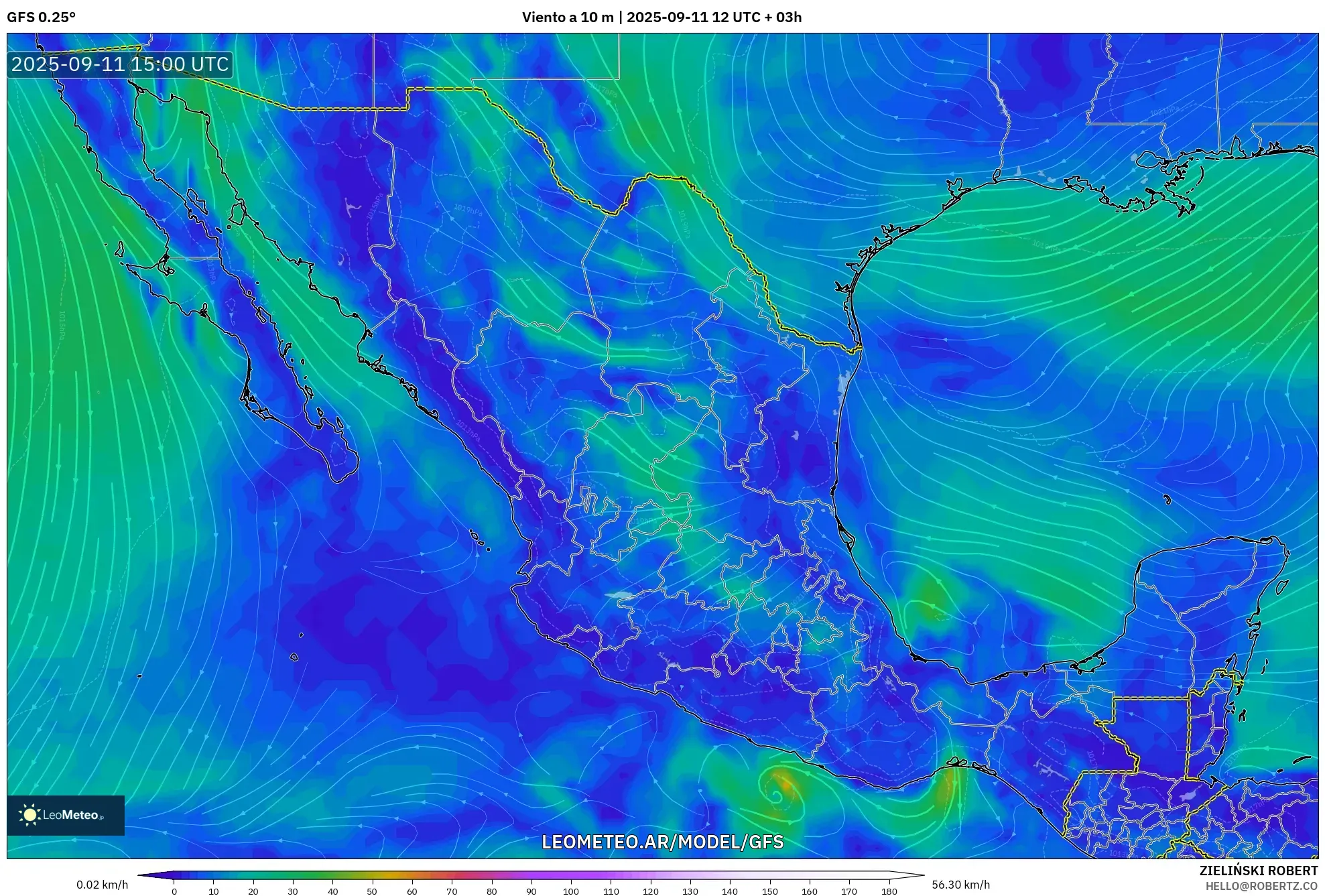 GFS model - México, Viento a 10 m