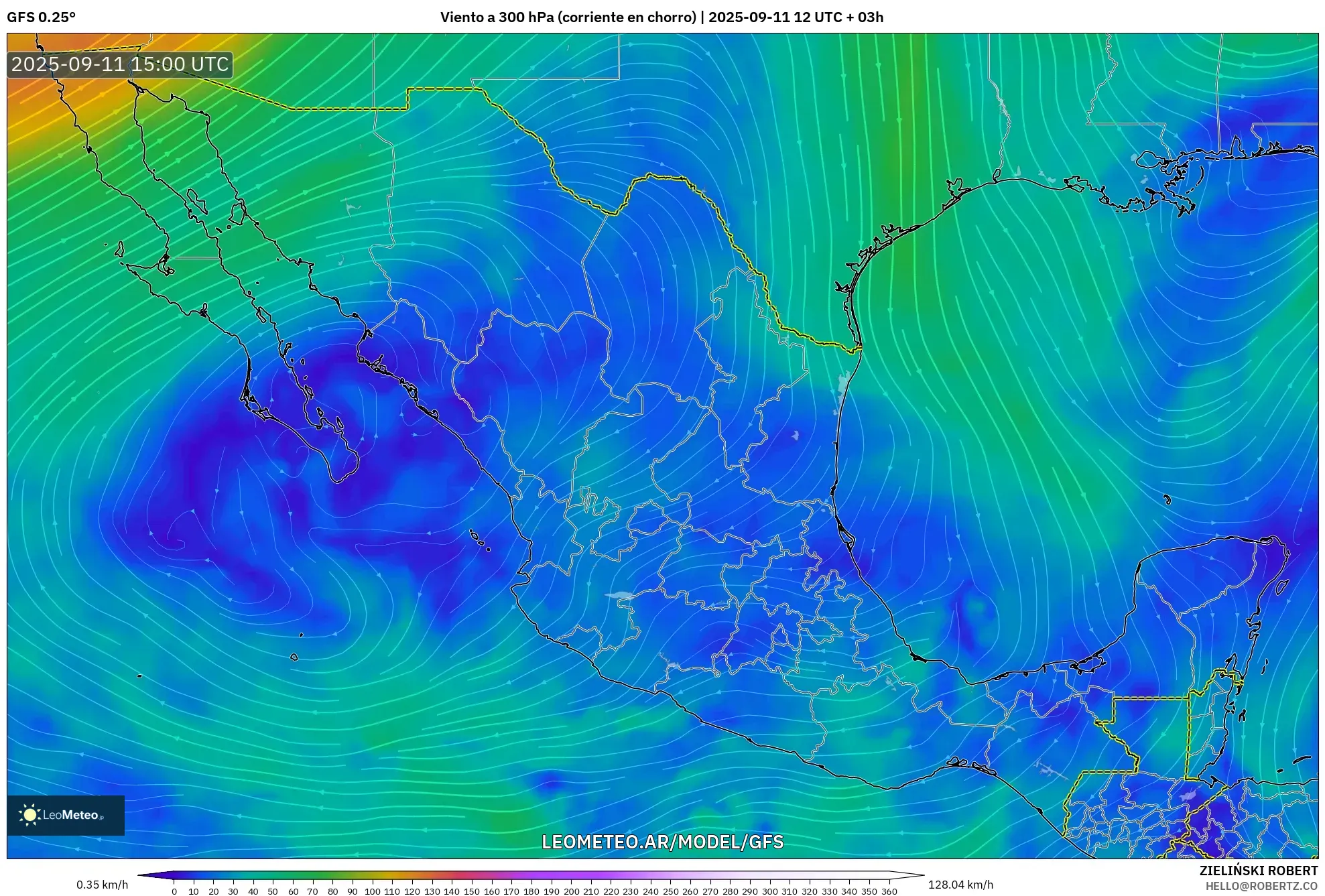 GFS model - México, Viento a 300 hPa (corriente en chorro)