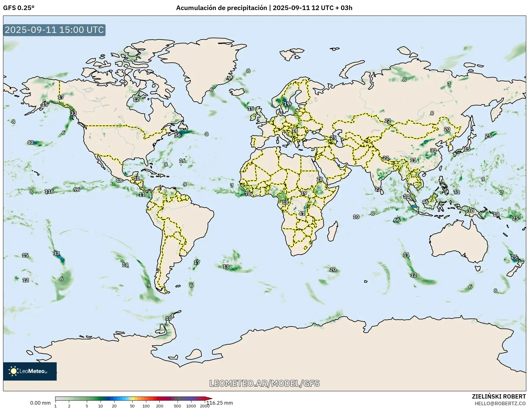 GFS model - Mundo, Acumulación de precipitación