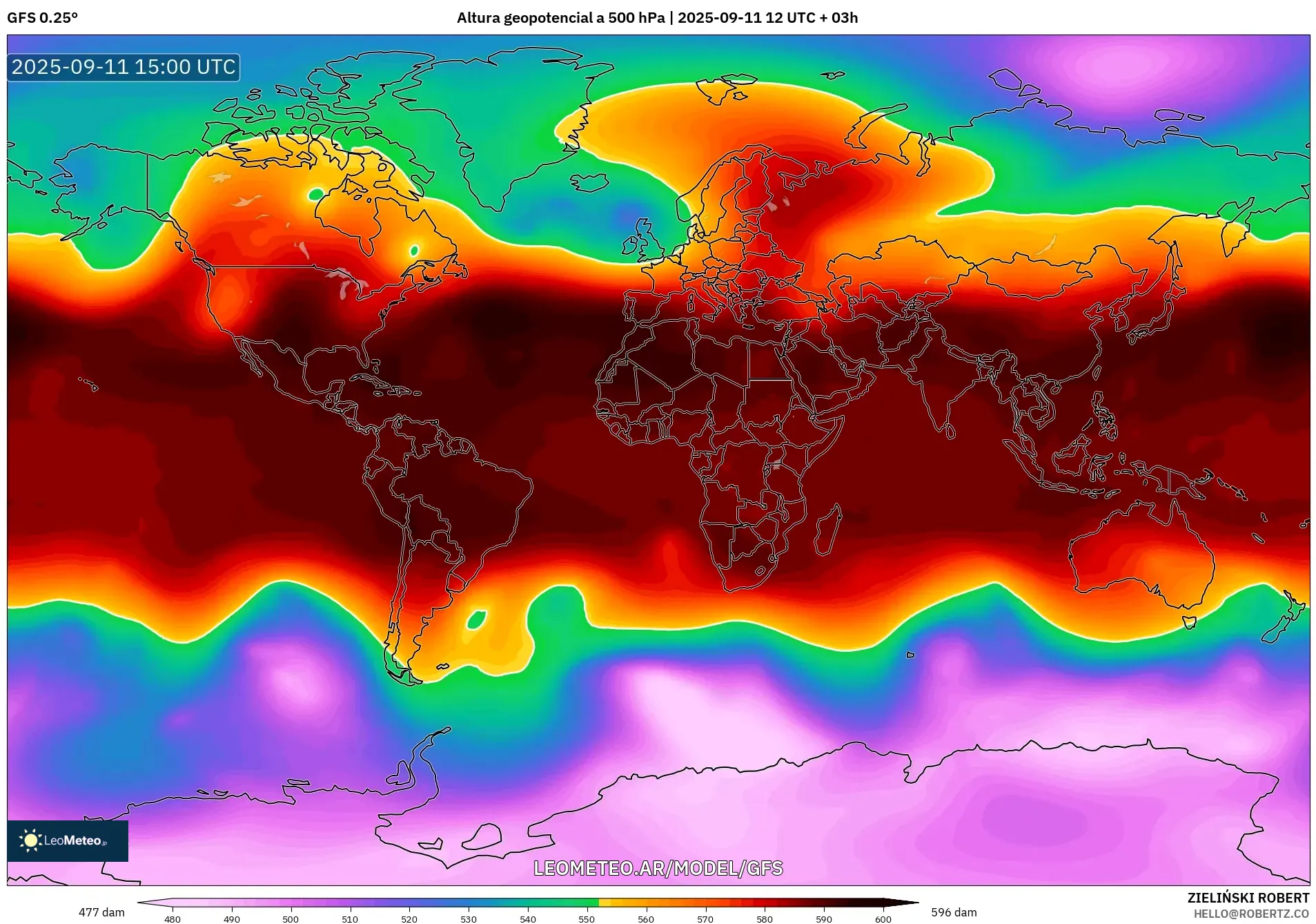 GFS model - Mundo, Altura geopotencial a 500 hPa