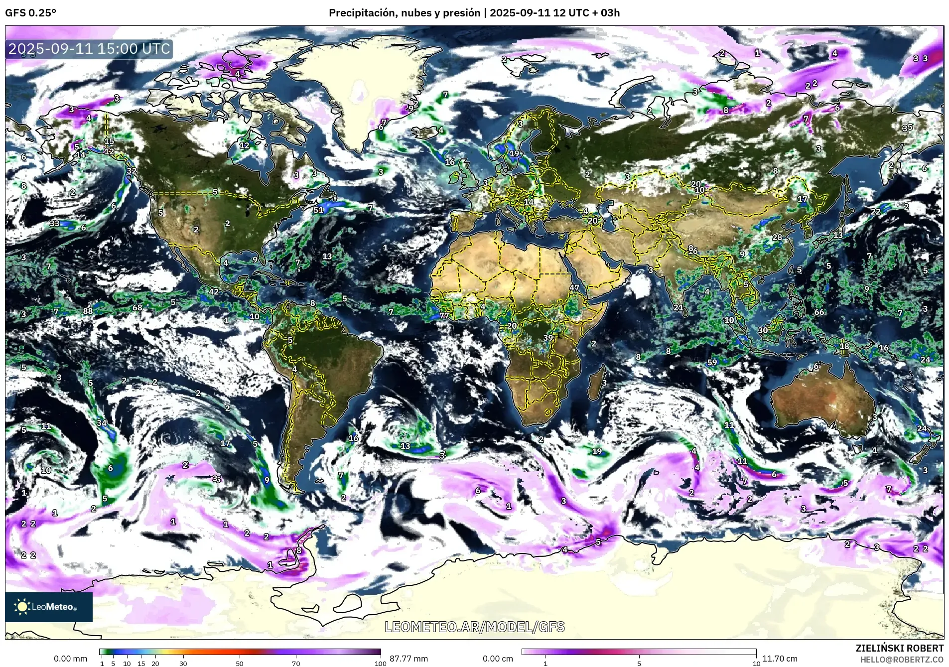 GFS model - Mundo, Precipitación, nubes y presión GFS model - Mundo, Precipitación, nubes y presión